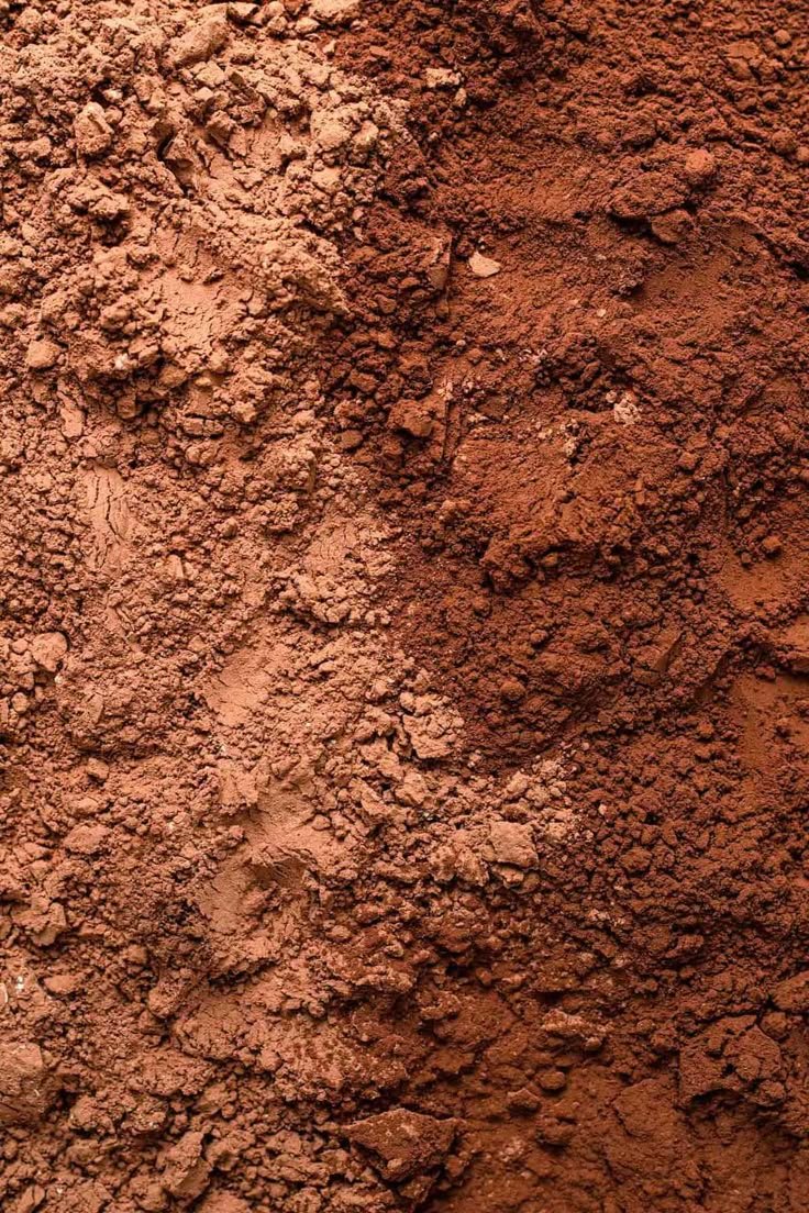 Close-up of reddish-brown soil or dirt with uneven texture and small clumps.
