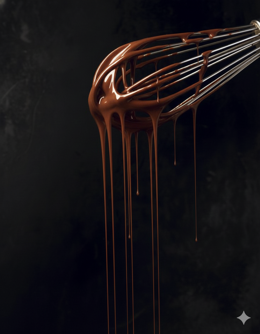 Chocolate melted on a metal whisk against a dark background.