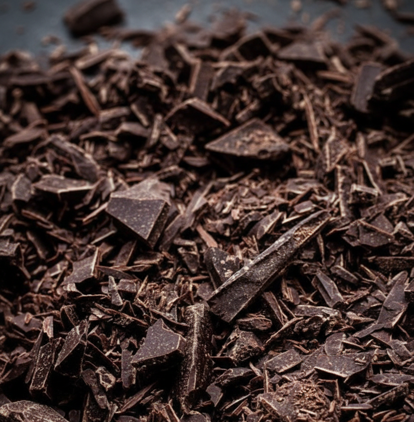 Close-up of chopped dark chocolate shavings.