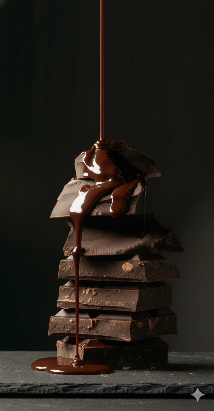 Stack of broken dark chocolate pieces with melting chocolate on top, dripping down, on a dark surface with a black background.