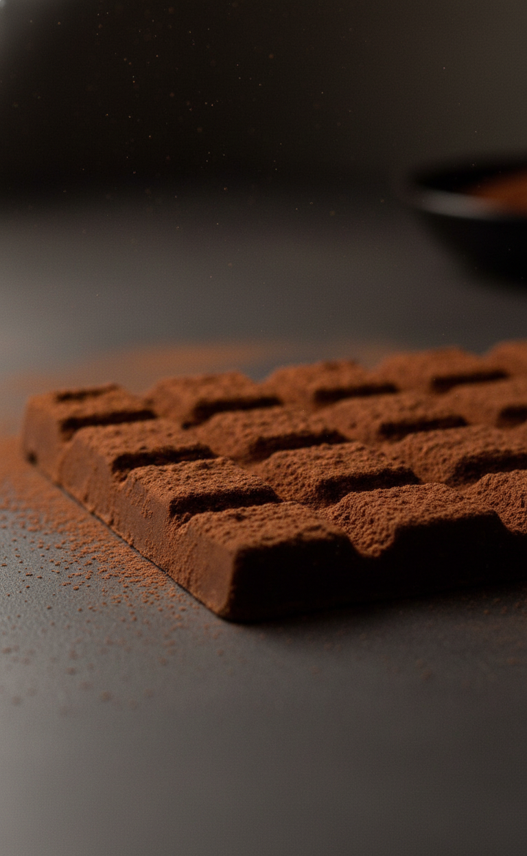 A chocolate praline with a rectangular shape and textured surface, placed on a gray surface with cocoa powder scattered around