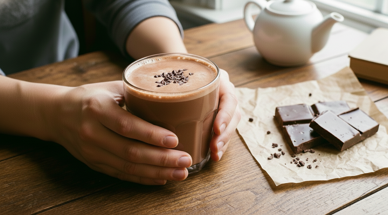 A person holding a glass of hot chocolate topped with chocolate shavings, on a wooden table next to chocolate bars and a white teapot.
