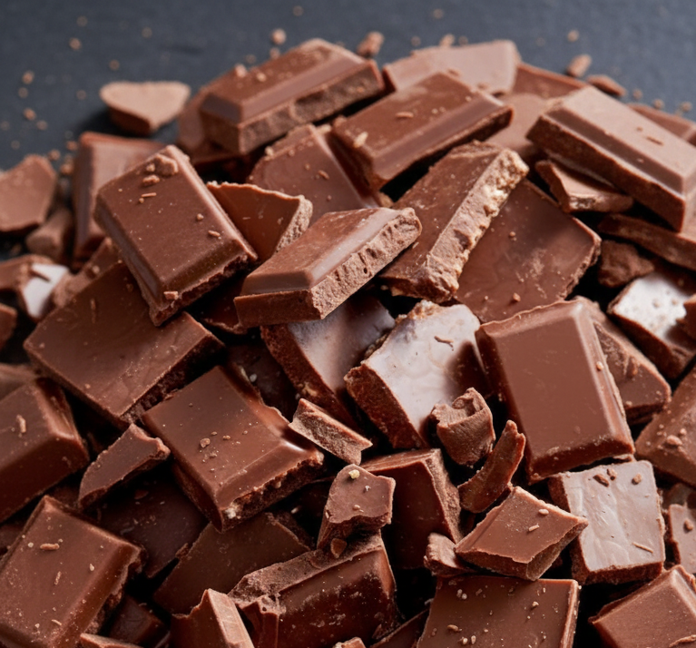 Broken milk chocolate pieces scattered on a dark surface.