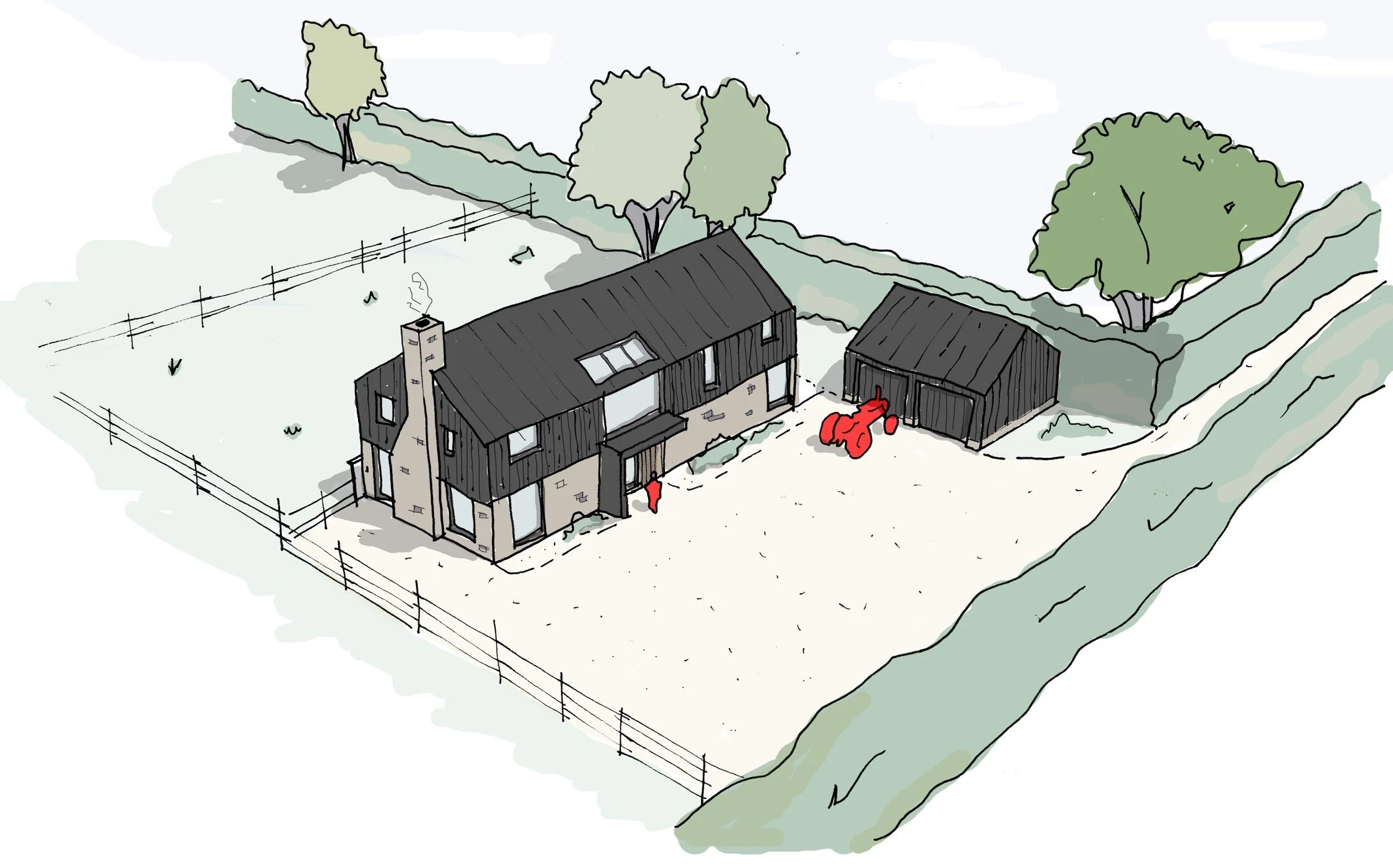 Planning has been submitted for a new replacement dwelling utilising the Class Q fallback position. The new dwelling retains the character of a barn aesthetic within a palette of materials that brings together the local farm shed vernacular and stone