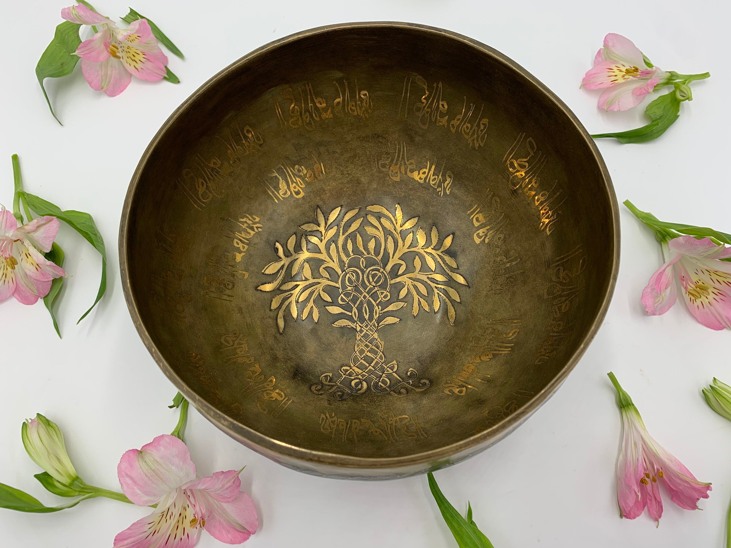 Hand made singing bowl with 'Tree of Life' hand-etched design.
