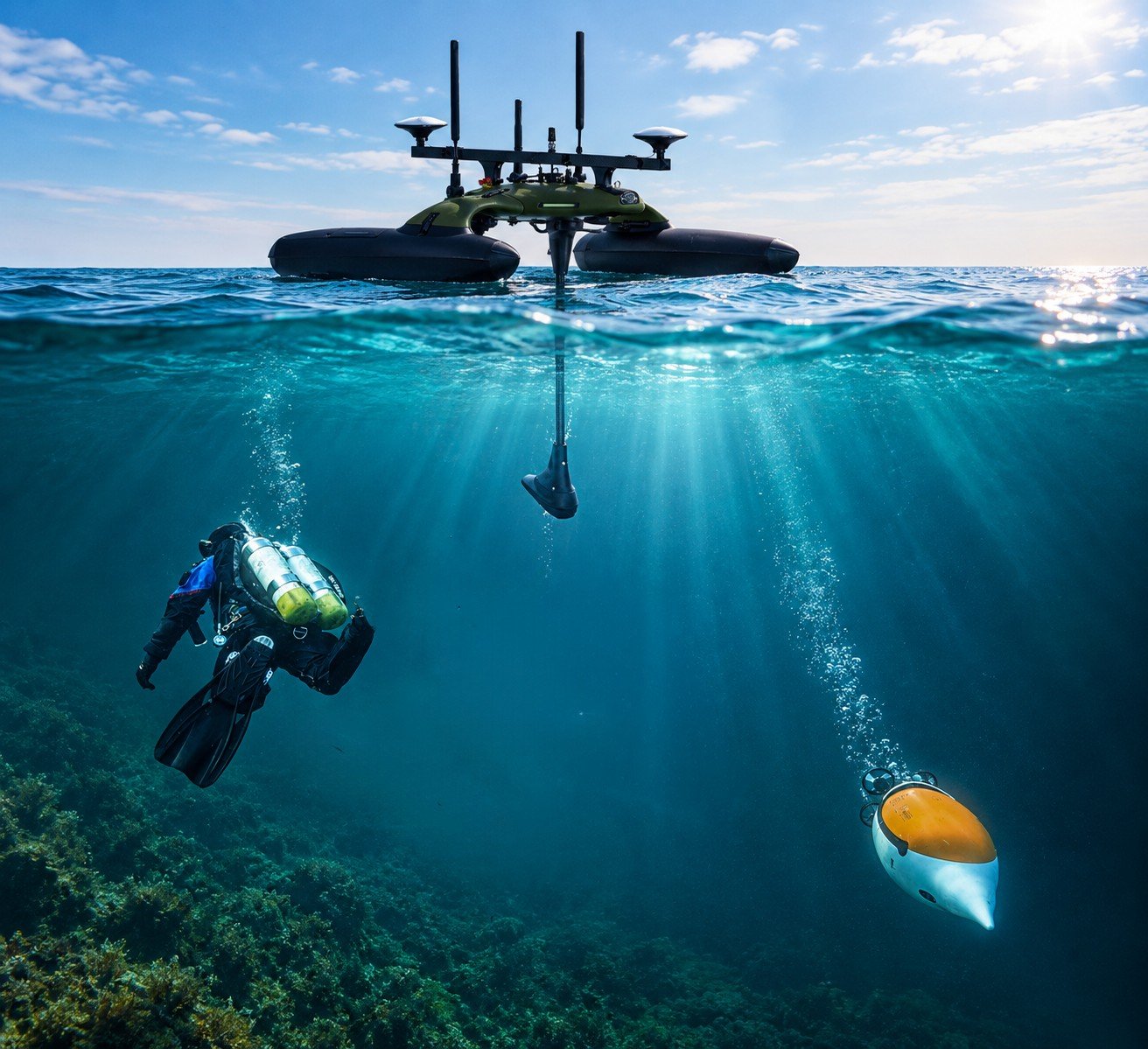 Diver, Quadroin AUV and Sonobot 5 USV in Coordinated Operation