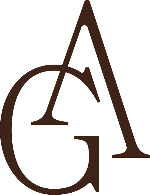 Stylized logo with overlapping letters G and A in brown.