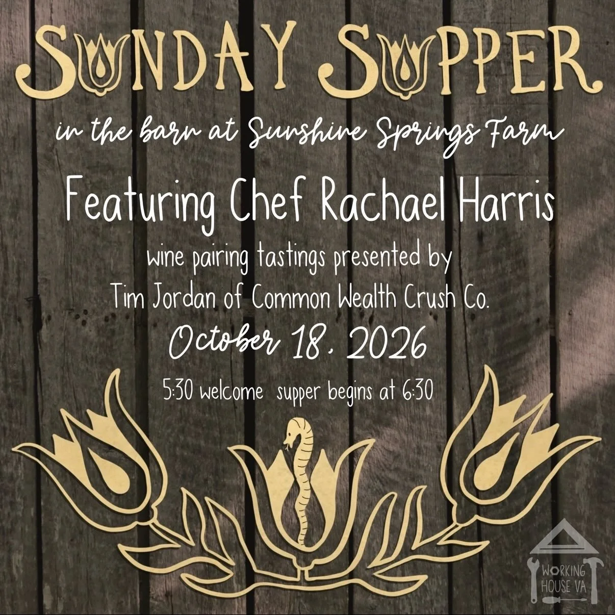 Repost from @workinghouseva
&bull;
Share a table with us on October 18 under twinkle lights in our historic barn. Savor an evening of nature, history, fabulous food, thoughtful wine pairings, and welcoming community.

Chef Rachael Harris has created 