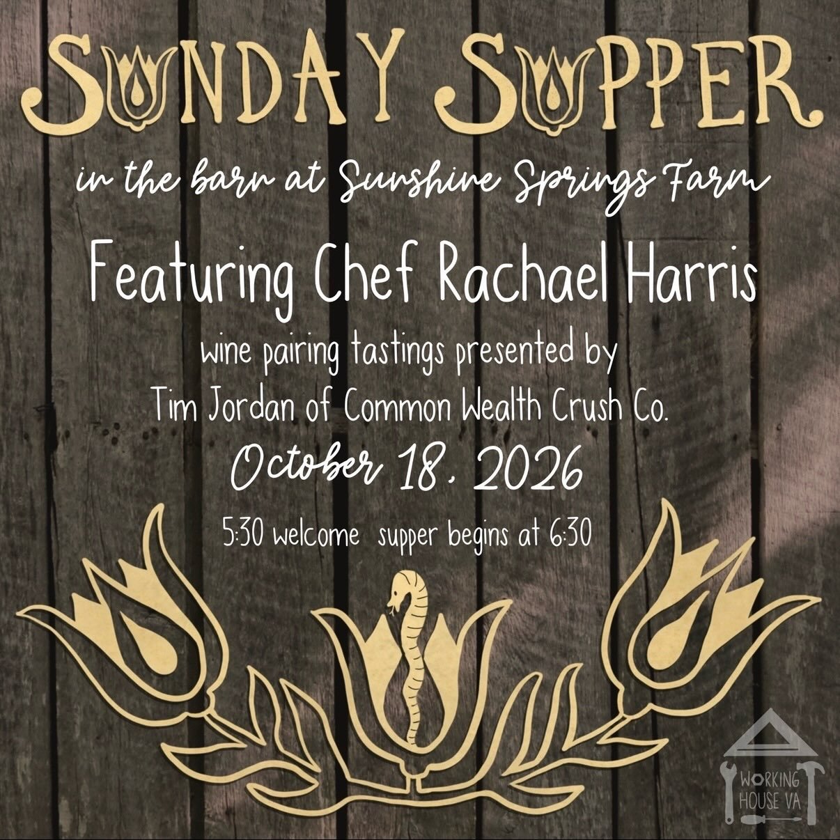 Repost from @workinghouseva
&bull;
Share a table with us on October 18 under twinkle lights in our historic barn. Savor an evening of nature, history, fabulous food, thoughtful wine pairings, and welcoming community.

Chef Rachael Harris has created 