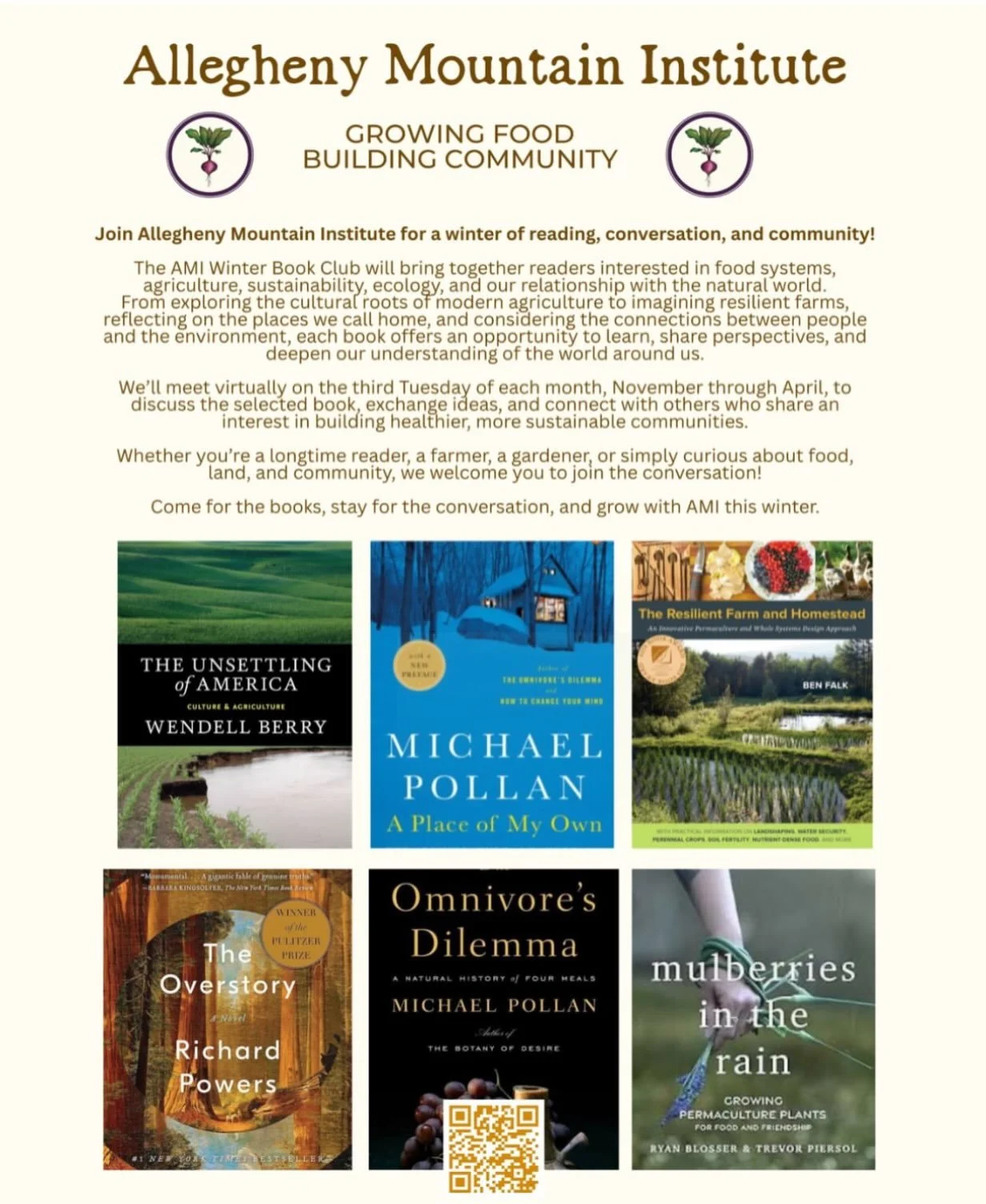 Repost from @alleghenymountaininstitute
&bull;
📢 We are so excited to announce the launching of The AMI Winter Book Club! 

🌱 Join Allegheny Mountain Institute for a winter of reading, conversation, and community! The AMI Winter Book Club will brin