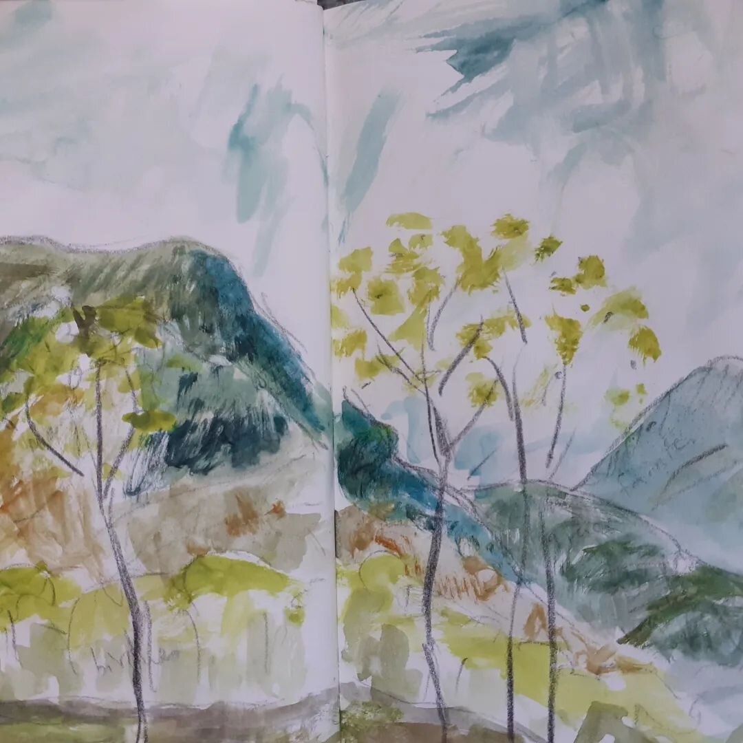 Last of my sketches in Scotland earlier this month,  leaving Glencoe and entering the Mamores mountains south of Glen Nevis.  Birches sparkled with new leaves, in between the showers, as I descended back into woodland. #westhighlandway #Scotland #mou