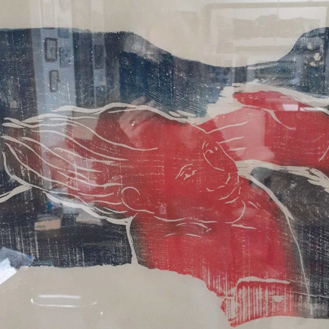 The printed detail of my 'Strange Child ', with reflections of our living room ☺ sorry about that! Glass is good to protect prints but not when you want to photograph them!