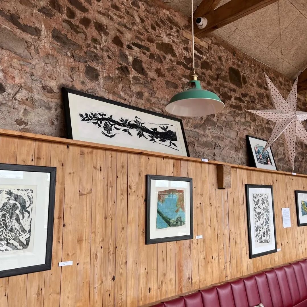 Here are some of my prints hanging in the Lost Kichen near Tiverton in Devon.  They look great in this converted barn, with tables of sliced wood and beautiful natural light.....I'll take better photos soon, but do visit if you're local(ish): the foo