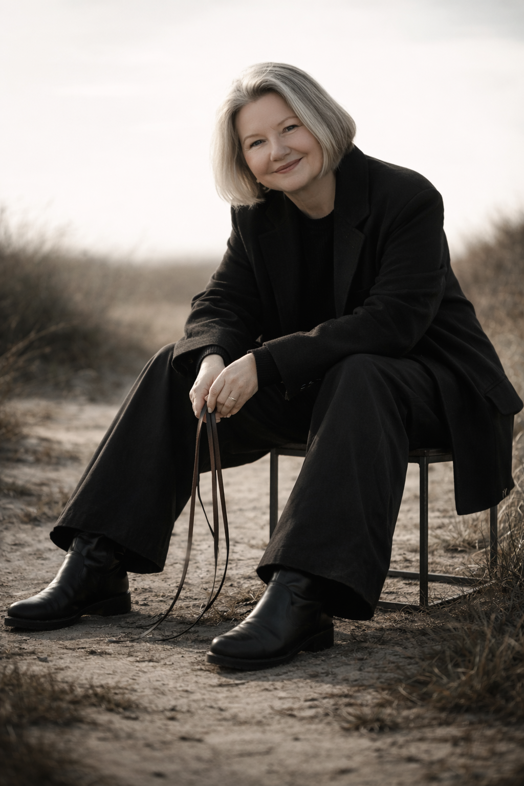 Frau mit blonden Haaren in schwarzer Kleidung sitzt auf einem Stuhl in einer natürlichen Umgebung.