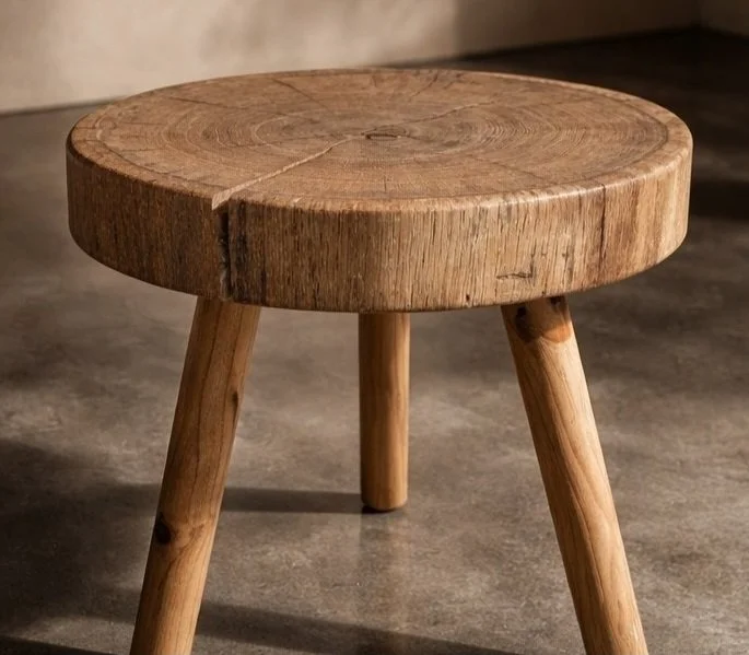 Kleiner Hocker aus Holz mit drei Beinen auf einem Boden