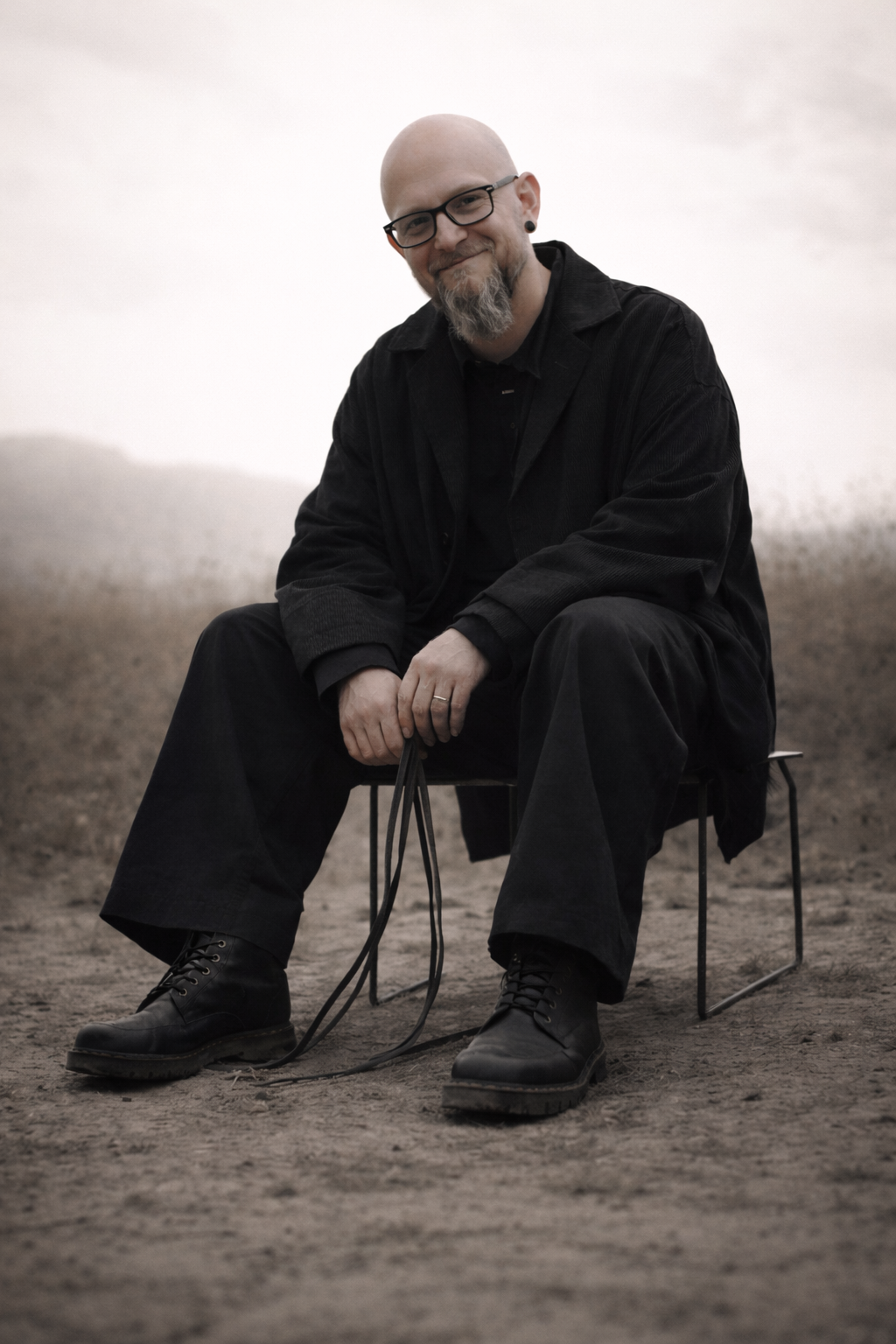 Ein Mann mit Brille, Glatze und Bart, sitzend auf einem Stuhl, lächelnd, vor einer neutralen, ländlichen Hintergrund.