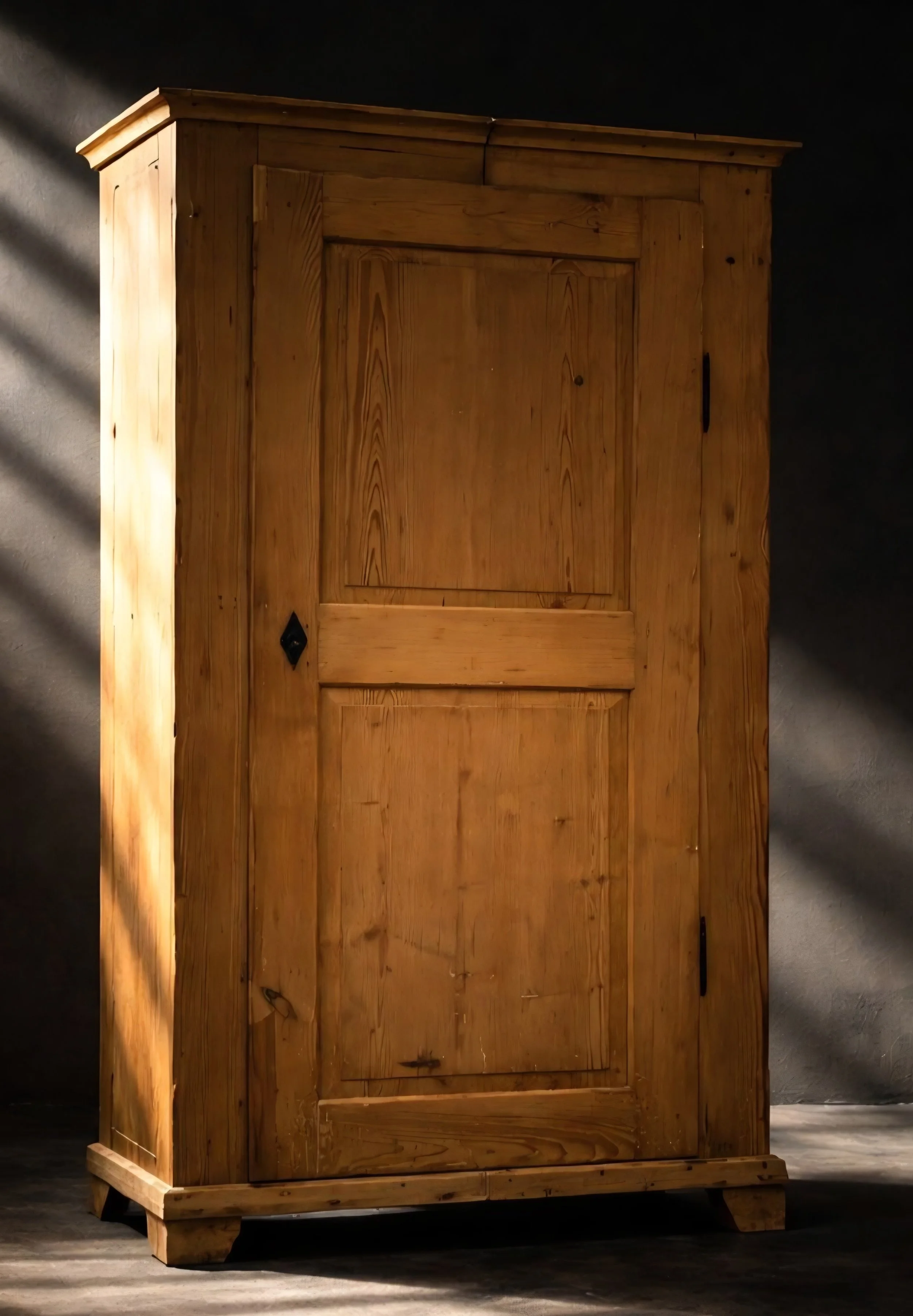 Ein Holzmöbelstück, vermutlich ein Schrank, mit einer einzelnen Tür und schwarzen Beschlägen, steht auf einem dunklen Boden gegen eine dunkle Wand, beleuchtet von seitlichem Licht.