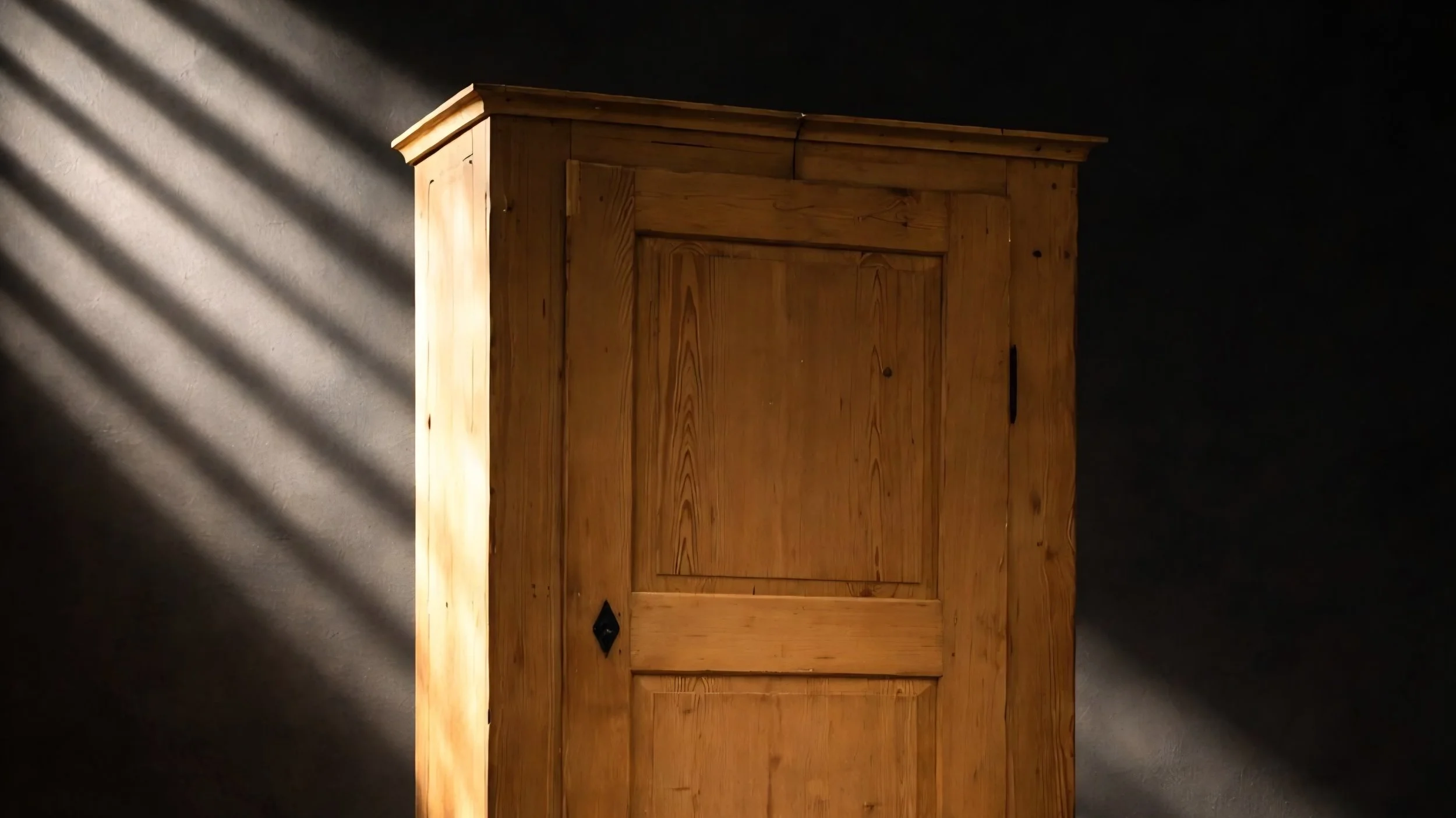 Ein holzfarbener Schrank steht vor einer dunklen Wand, mit Sonnenlicht, das durch Fensterjalousien Schatten wirft.