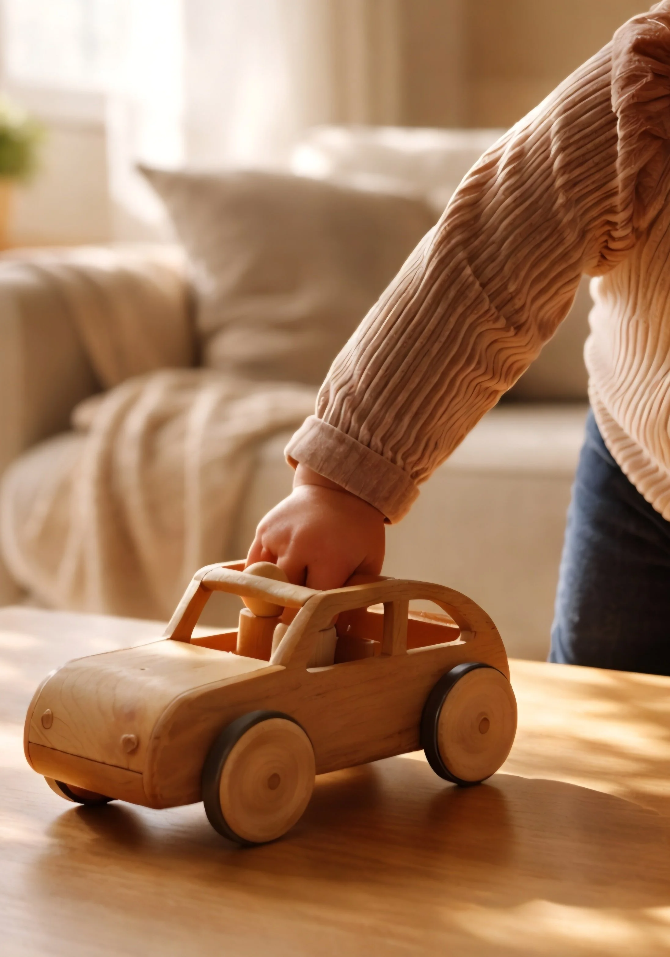 Ein Kind spielt mit einem Holzauto auf einem Tisch in einem gemütlichen Wohnzimmer.