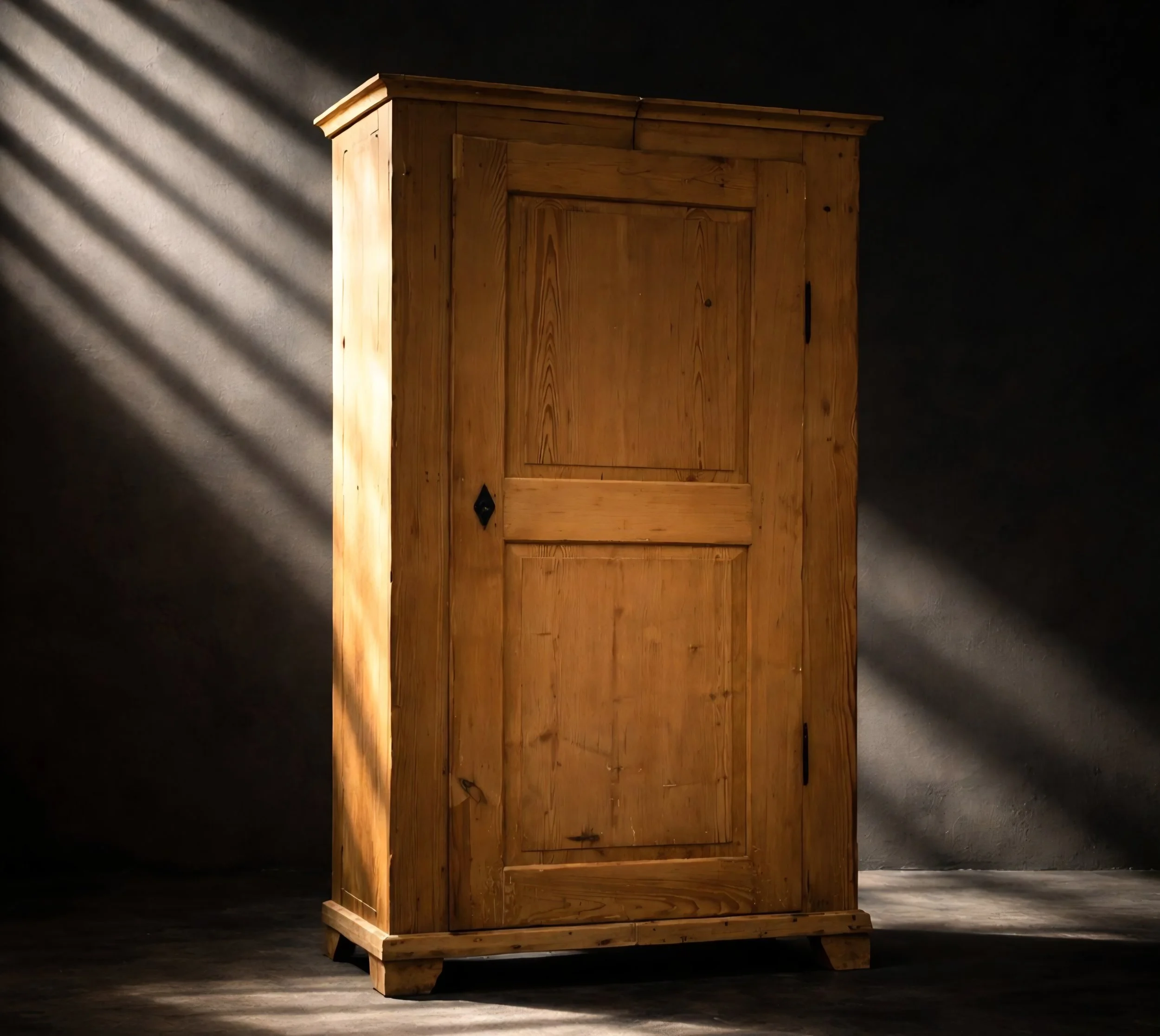 Ein hölzerner Kleiderschrank vor einem dunklen Hintergrund mit Lichtstrahlen, die von oben links kommen.