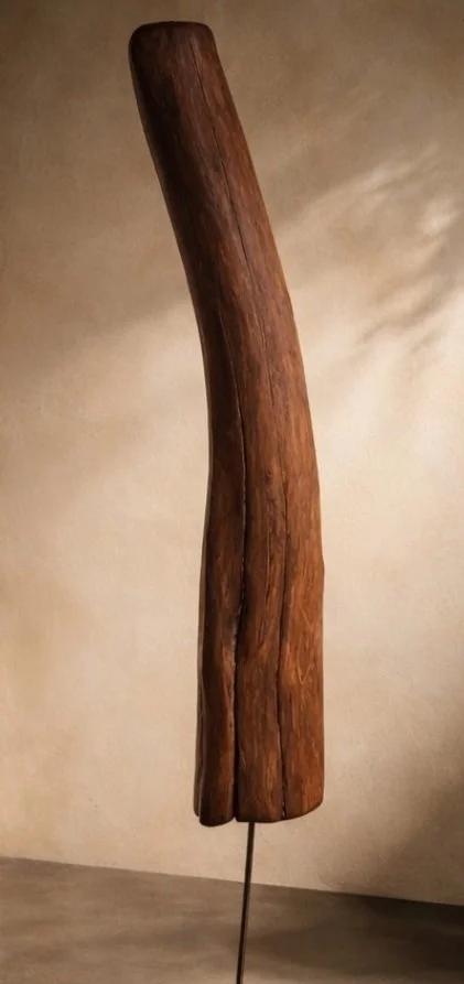 Ein kunstvoll geschnitztes Holzobjekt auf einem Metallständer, wahrscheinlich eine Skulptur.