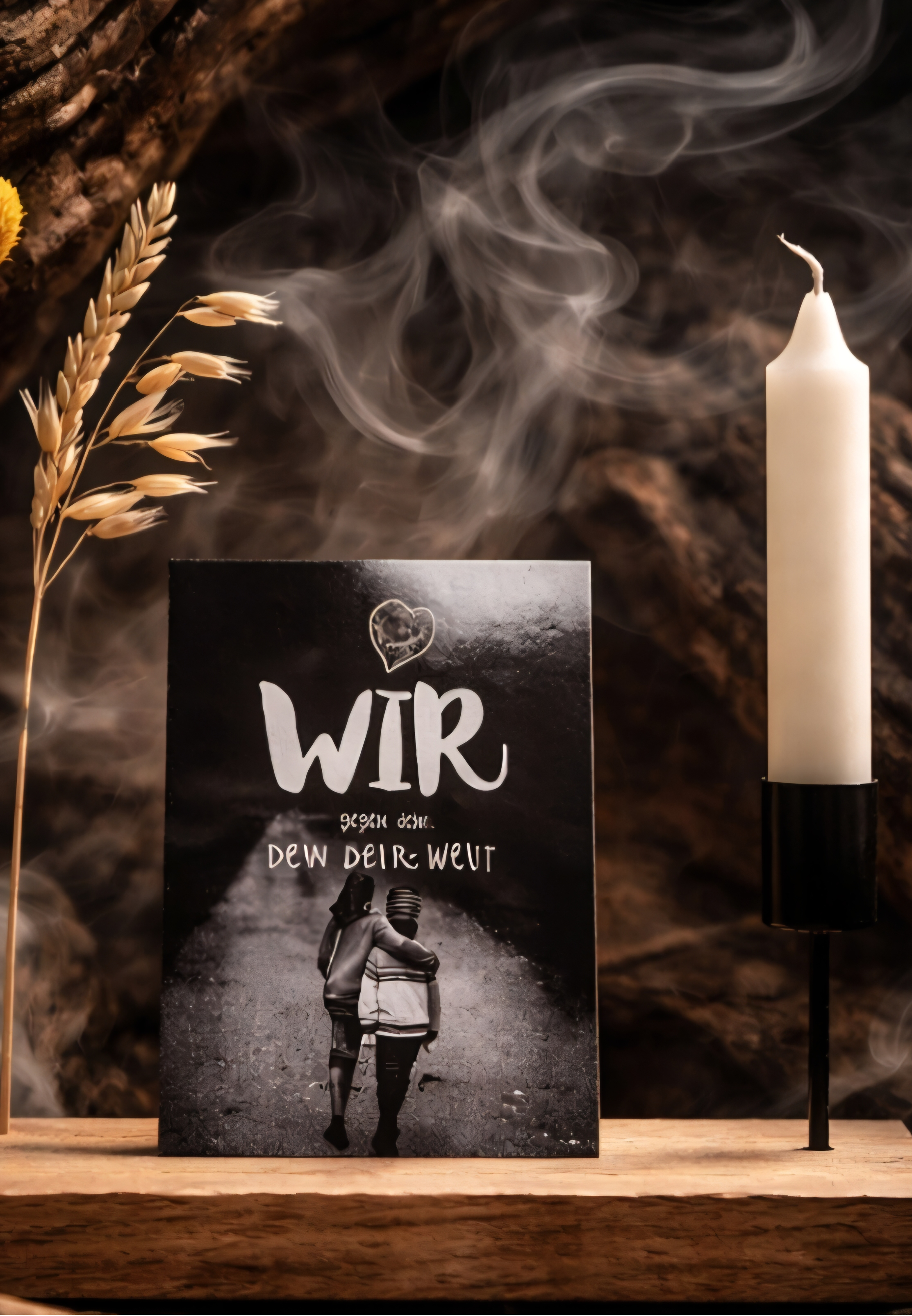 Eine schwarze Karte mit weißen Buchstaben, die sagen "WIR gegen den DEIN-DEIN-WELT", zusammen mit einem schwarz-weißen Bild von zwei Menschen, die sich umarmen, auf einem Holzbrett. Daneben eine Kerze und getrocknete Pflanzen, im Hintergrund Rauch und dunkler Stein.