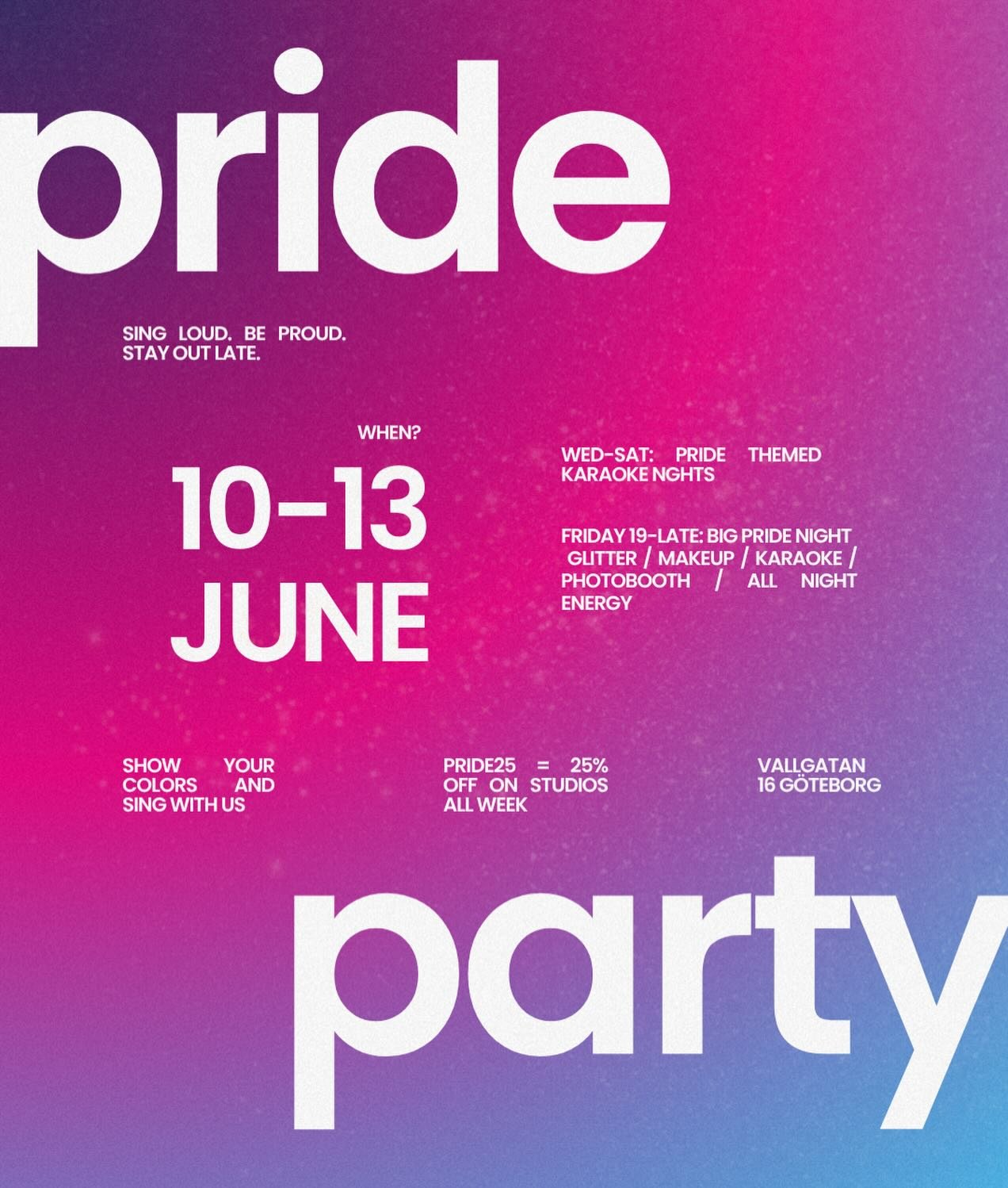 N&auml;sta vecka firar vi Pride p&aring; Star🏳️&zwj;🌈 Glitter, karaoke och v&aring;r stora Pride Night p&aring; fredag!

Anv&auml;nd koden PRIDE25 f&ouml;r rabatt p&aring; din bokning
under hela veckan.

Hoppas vi ses p&aring; scenen!