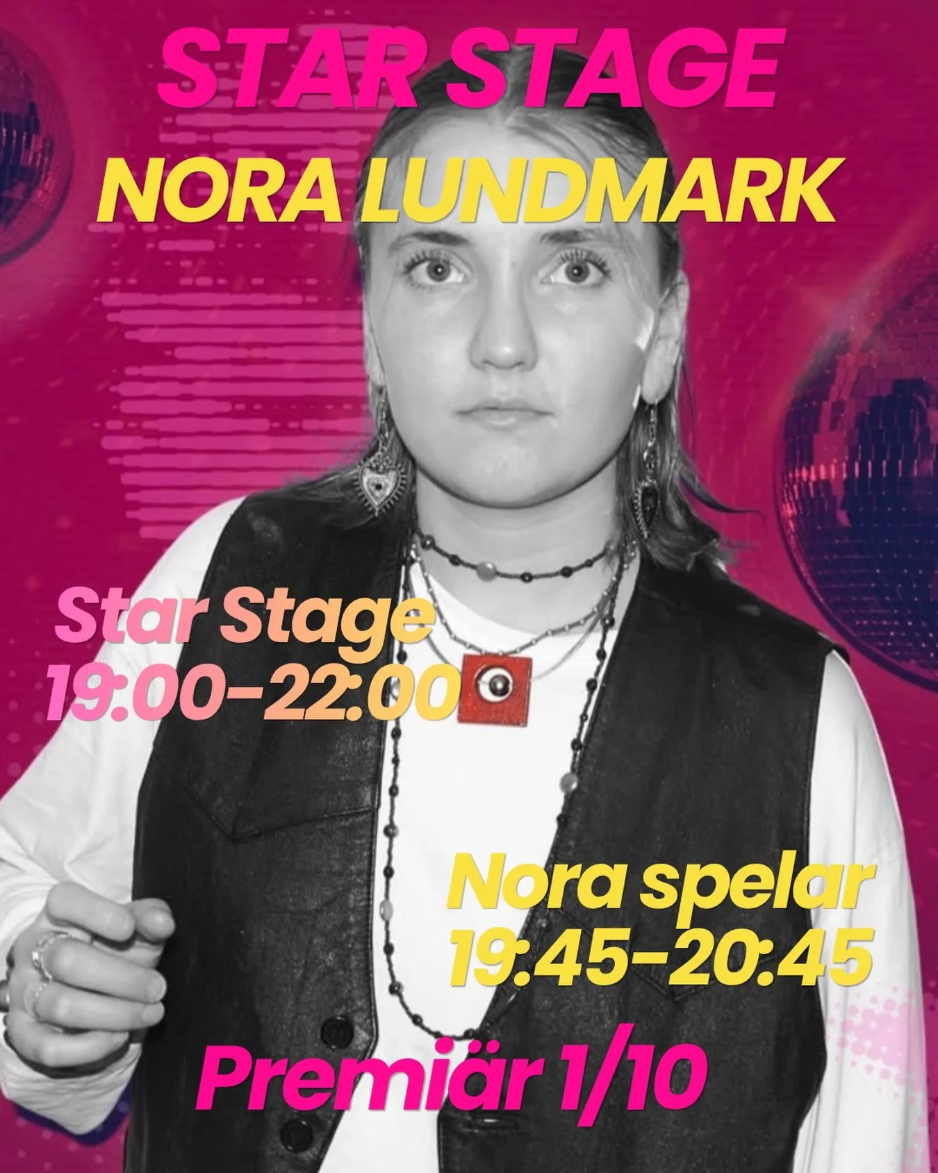 @noralundmark_  &auml;r v&aring;rt f&ouml;rsta artistsl&auml;pp f&ouml;r STAR STAGE ⭐ Nora och hennes band kommer att spela p&aring; premi&auml;ren av STAR STAGE allts&aring; 1/10, f&ouml;rsta Torsdagen i Oktober. Noras spelningen kommer att ha ett o