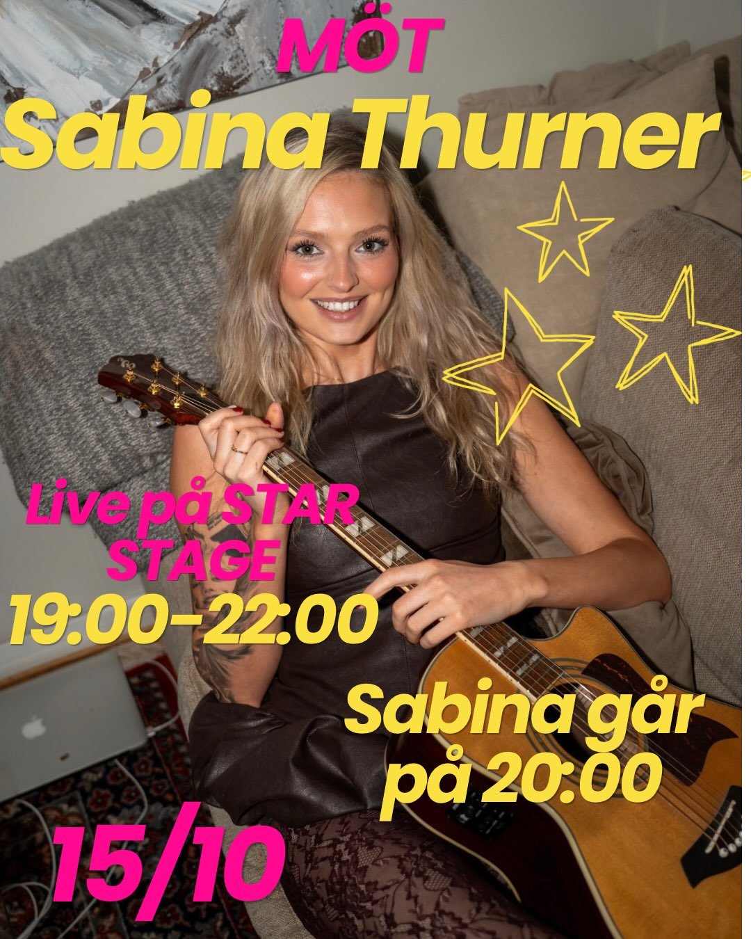 NYHET⭐️

M&ouml;t @sabinathurner 🌟

VAD H&Auml;NDER? 💫
Sabina Thurner kommer att upptr&auml;da p&aring; STAR STAGE den 15 Oktober. Allting startar med lite show + alls&aring;ng klockan 19:00 varav vid 20:00 s&aring; drar Sabina ig&aring;ng sin spel