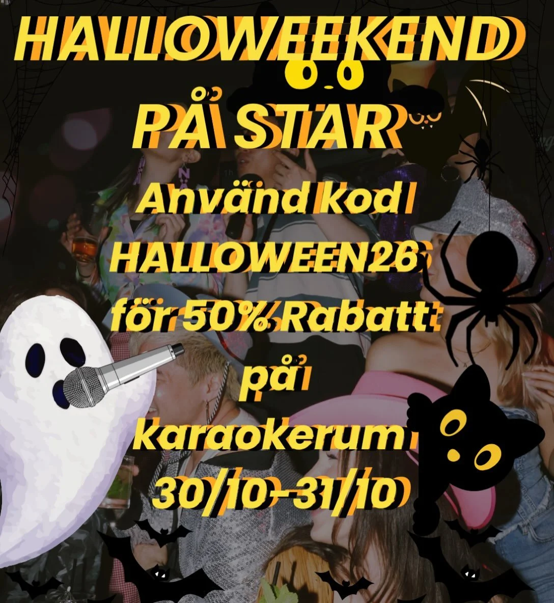 Halloweekend p&aring; Star!🎃
Anv&auml;nd koden HALLOWEEN26 f&ouml;r 50% p&aring; v&aring;ra karaoke studios.
Erbjudandet g&auml;ller 30/10-31/10 hela dagen⭐️ 
Kom mer &auml;n g&auml;rna utkl&auml;dda men annars har vi alltid v&aring;ra kostymer, per