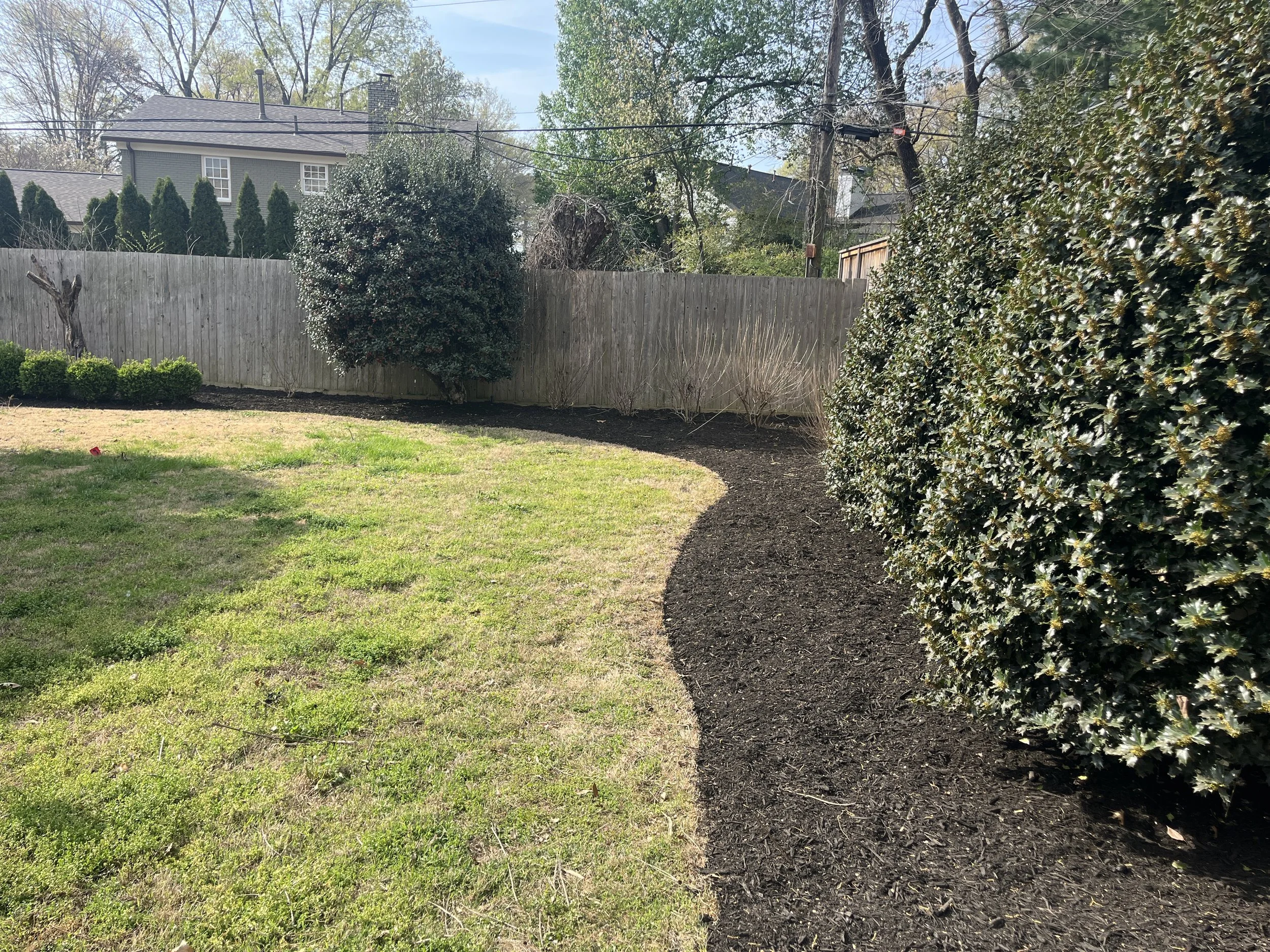 A backyard with a curved edge of freshly tilled dark soil along a hedge and fence, with green grass and trees in the background.
