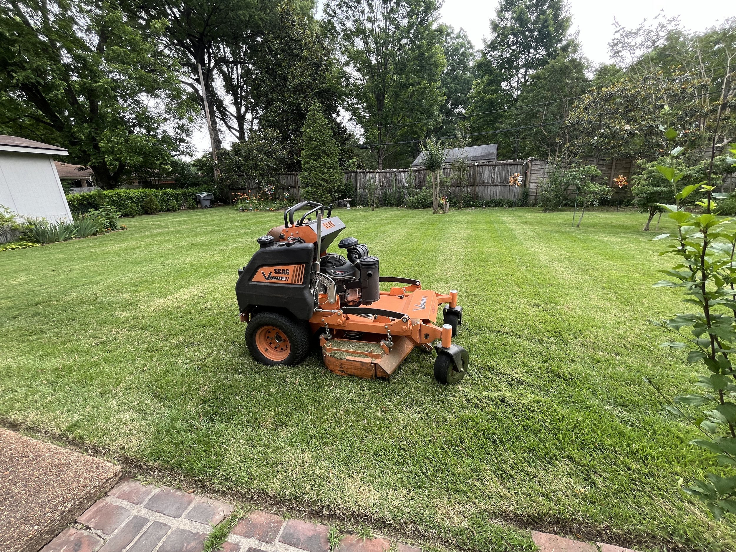 A backyard with well-maintained green grass, surrounded by trees and shrubs, with a wooden fence in the background. There is a lawn mower in the foreground, and the weather appears overcast.