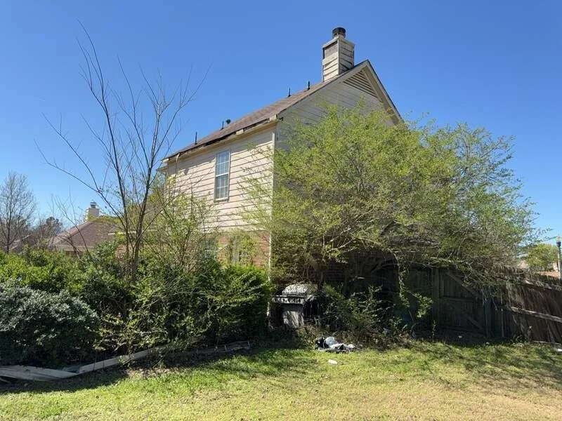 Backyard with overgrown bushes and trees, a wooden fence, and part of a two-story house with beige siding and a brick chimney, under a clear blue sky.