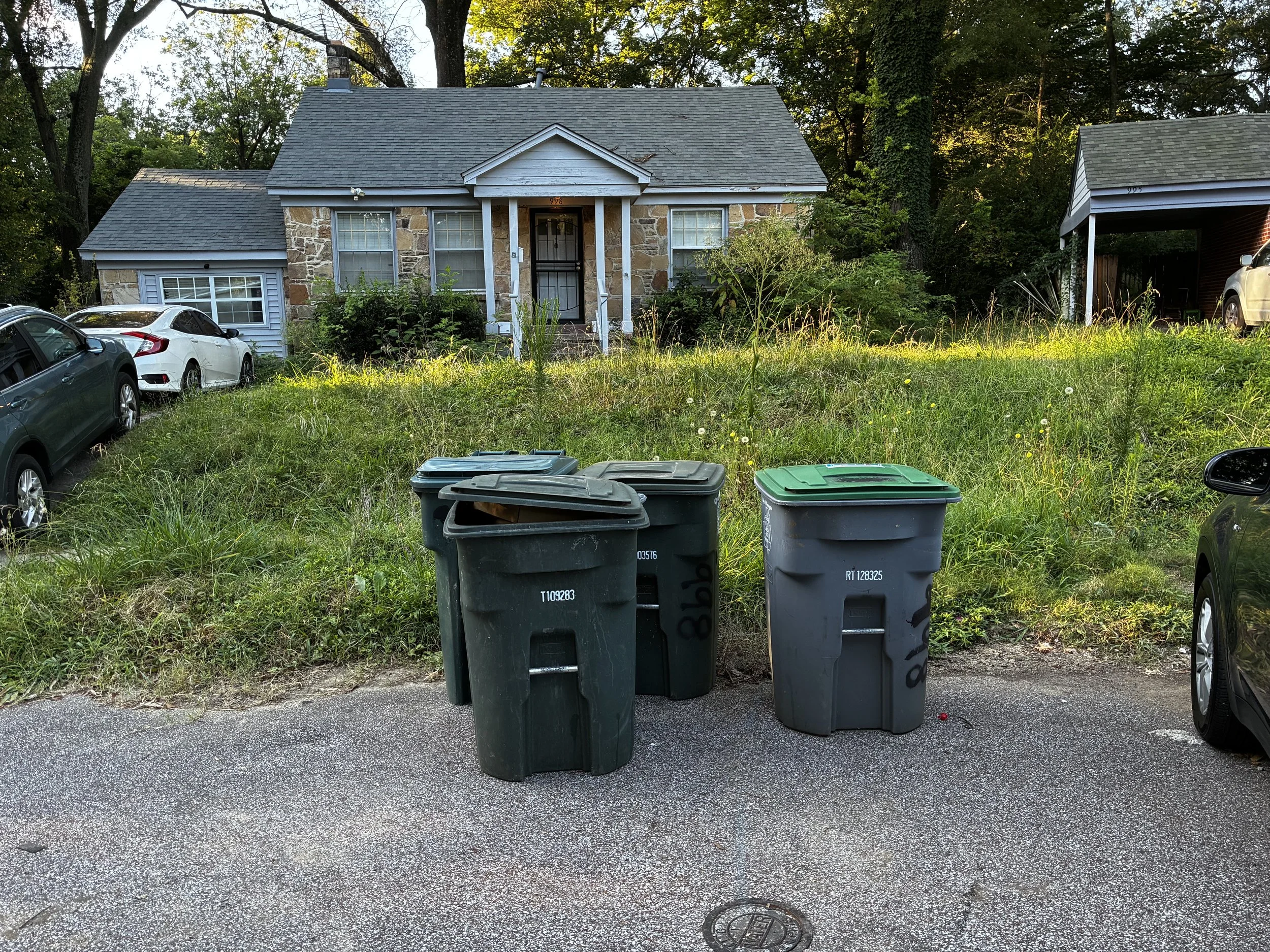 Two black and one dark green trash bins in front of a grassy yard with an older house in the background, parked cars on the left and right sides, and trees behind the house.