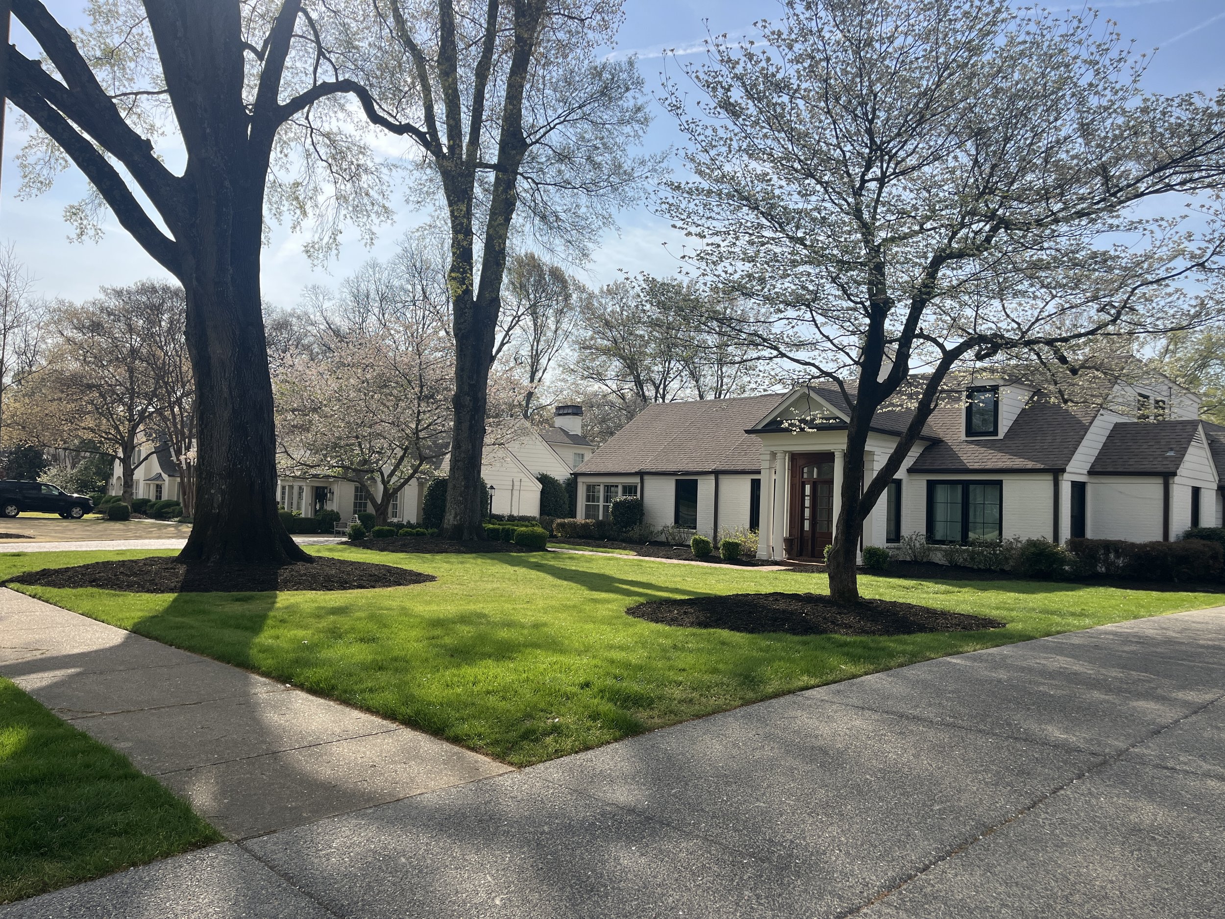 A suburban house with white exterior walls, brown roof, and a front porch, nestled among blooming trees with fresh green grass and neatly maintained landscaping, under a clear blue sky.