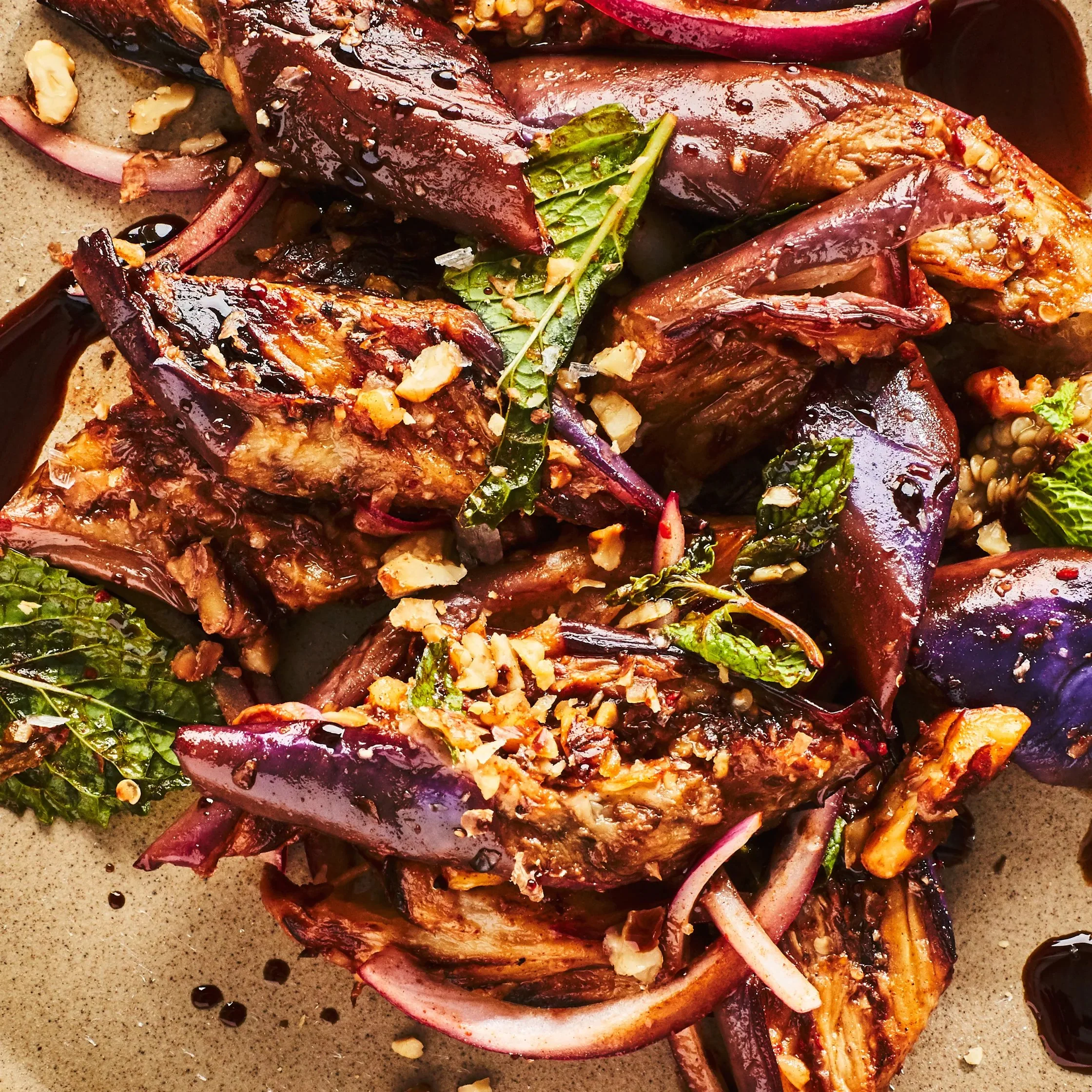 Warm eggplant salad with walnuts