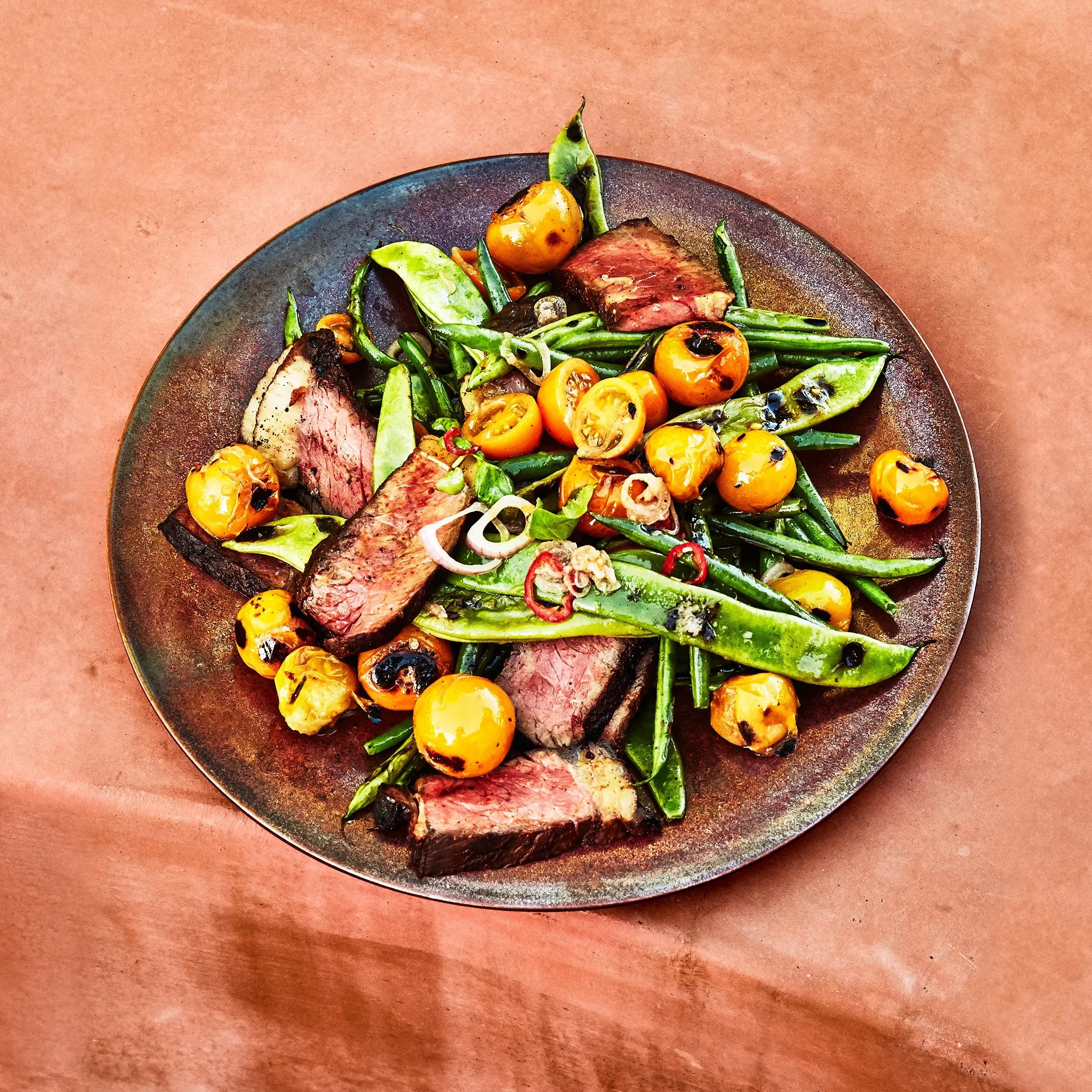 Grilled Strip Steak with Blistered Tomatoes and Green Beans