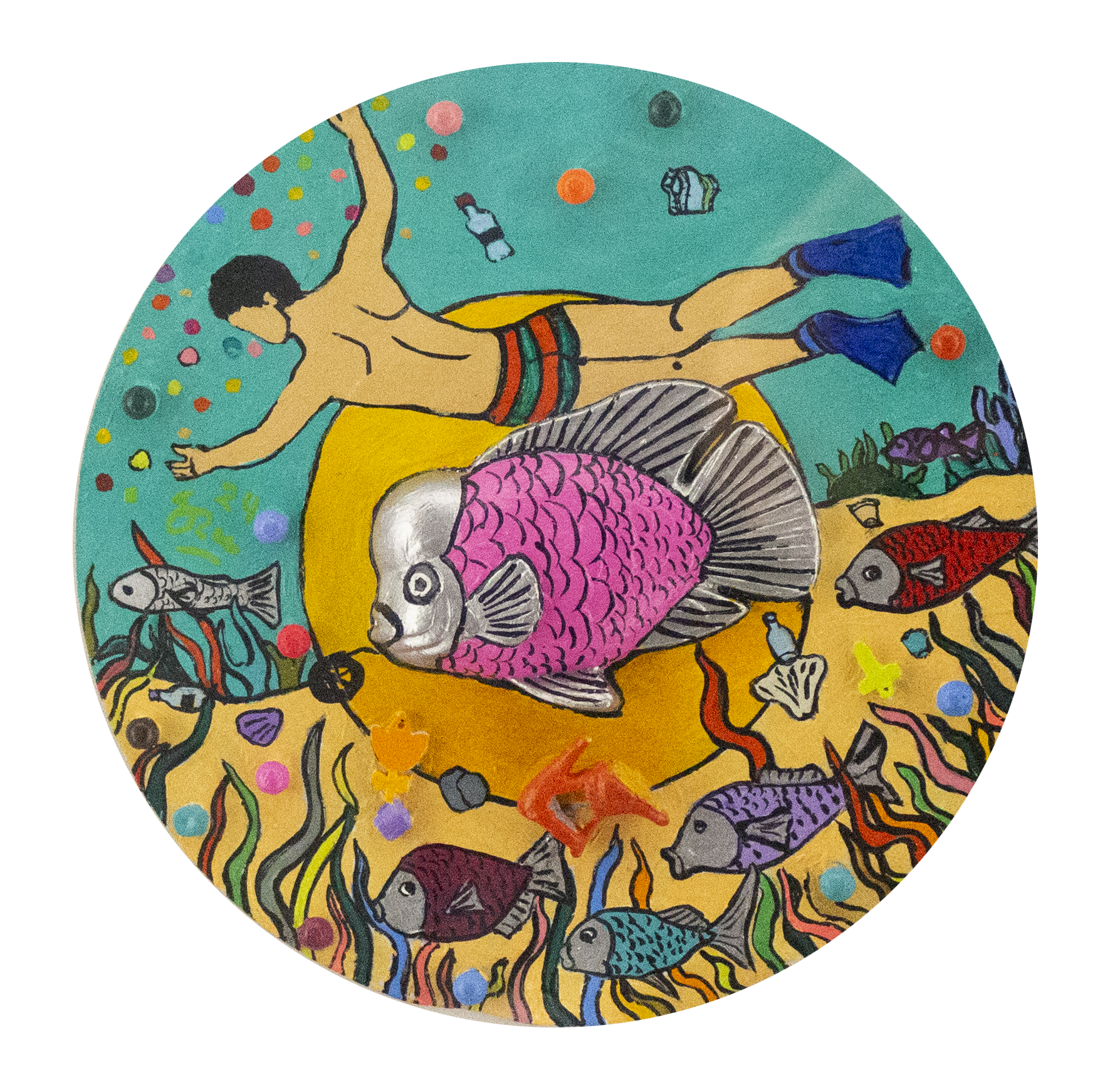 Azul no tan profundo, 
2024, 
Ensamblaje y pintura acrílica sobre disco de vinilo,  
17 cms de diámetro