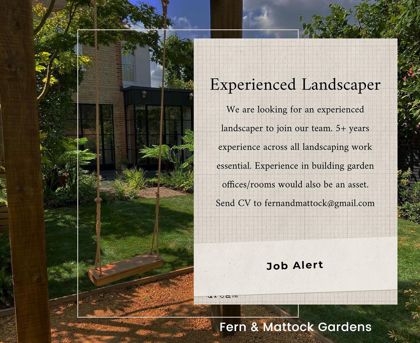 We are looking for a head landscaper. Very generous salary and holiday. Get in touch and send CV to fernandmattock@gmail.com