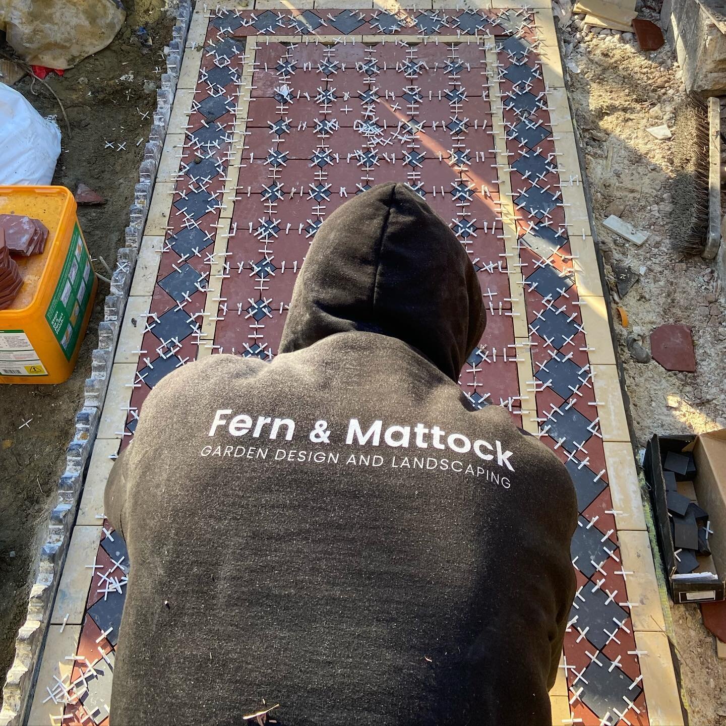 Mosaic path going down in Muswell Hill today. Tiles by @winckelmanstiles_official from @originalfeaturesuk Love doing these!