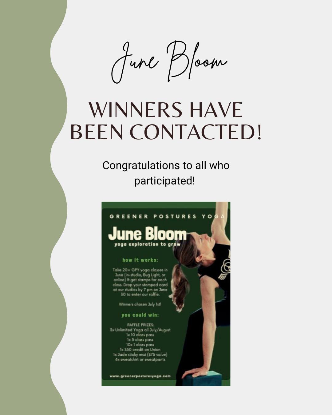 Congratulations to all who participated in our June Bloom Challenge this year! We had a total of 35 completed cards which is a total of 700 classes!!! We hope you are all so proud of yourselves and found it fun to try new classes! 

Winners have been