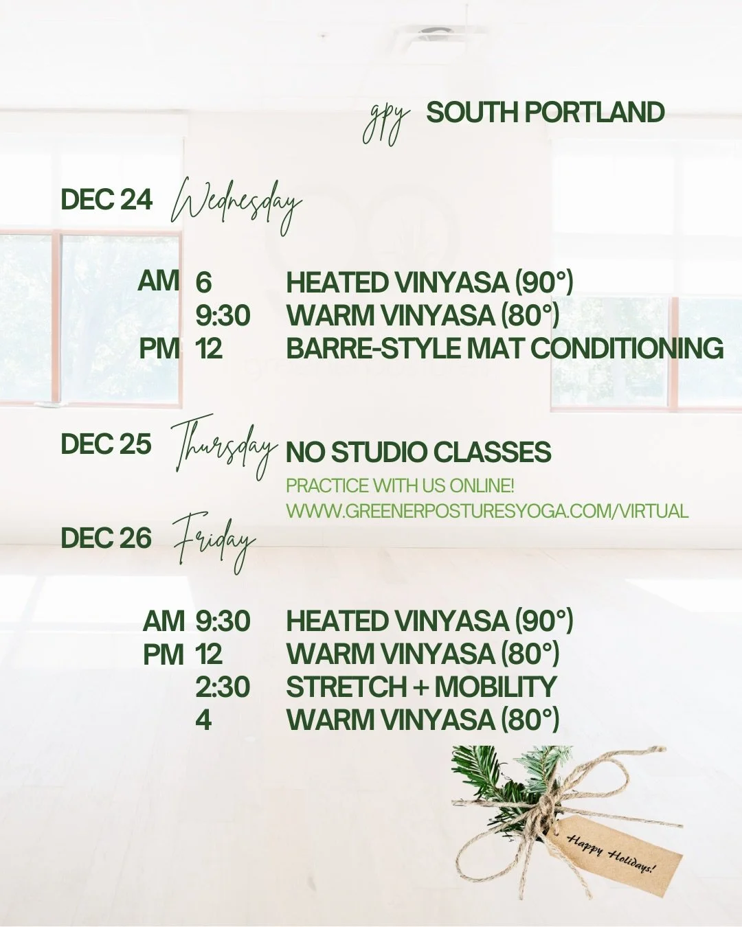 ✨Next Week at GPY ✨ A gentle reminder that your practice can support you on and off the mat during this busy, beautiful holiday season.

Keep your rhythm even when the studio doors are closed. Our virtual library is always available for grounding flo