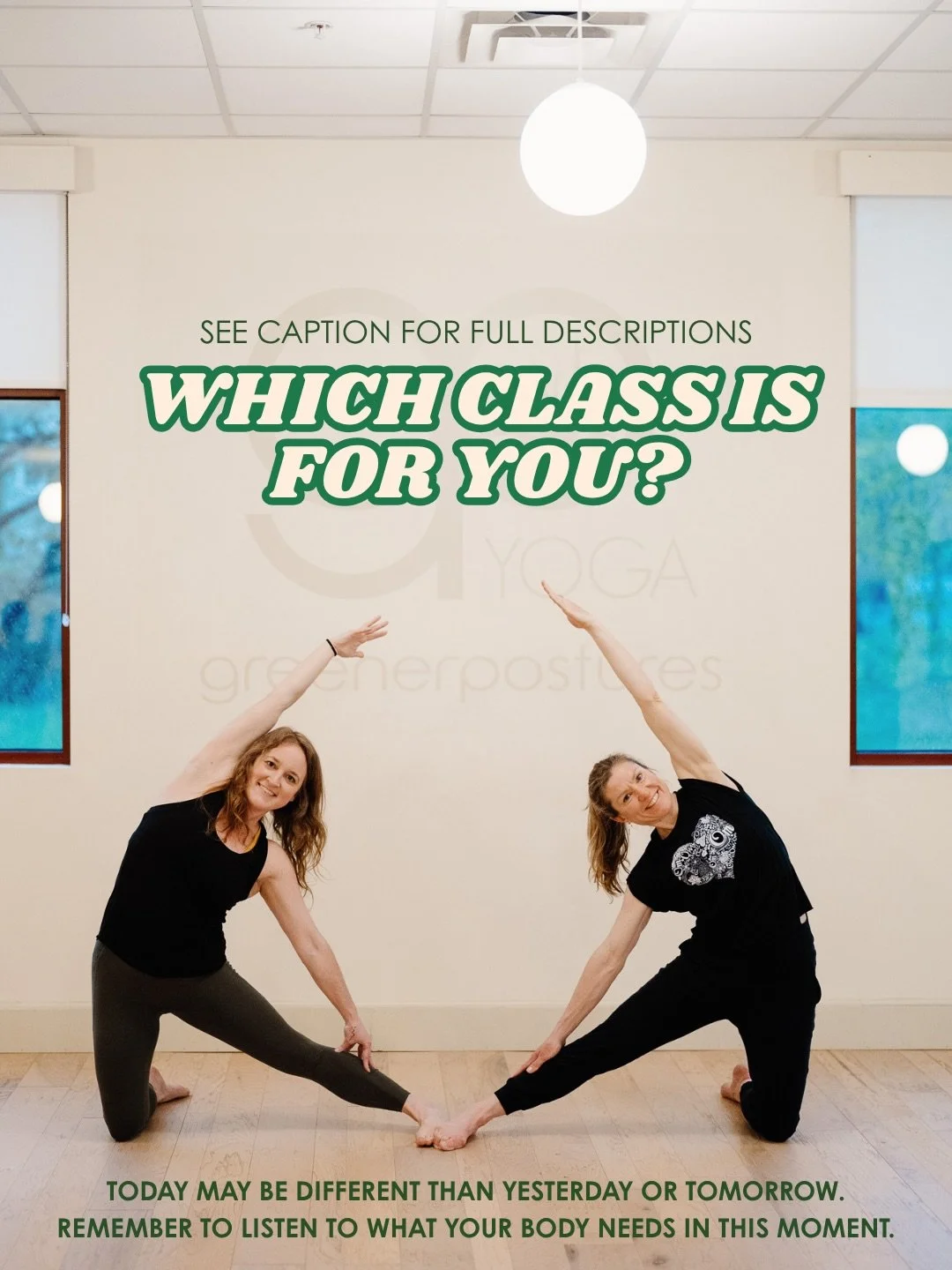 Not sure where to start? Find the class that fits you, today 👇

90s Heated Flow: A challenging all-levels heated vinyasa yoga class (90&ndash;100&deg;) designed to build strength, flexibility, endurance, and mindfulness through breath-led movement, 