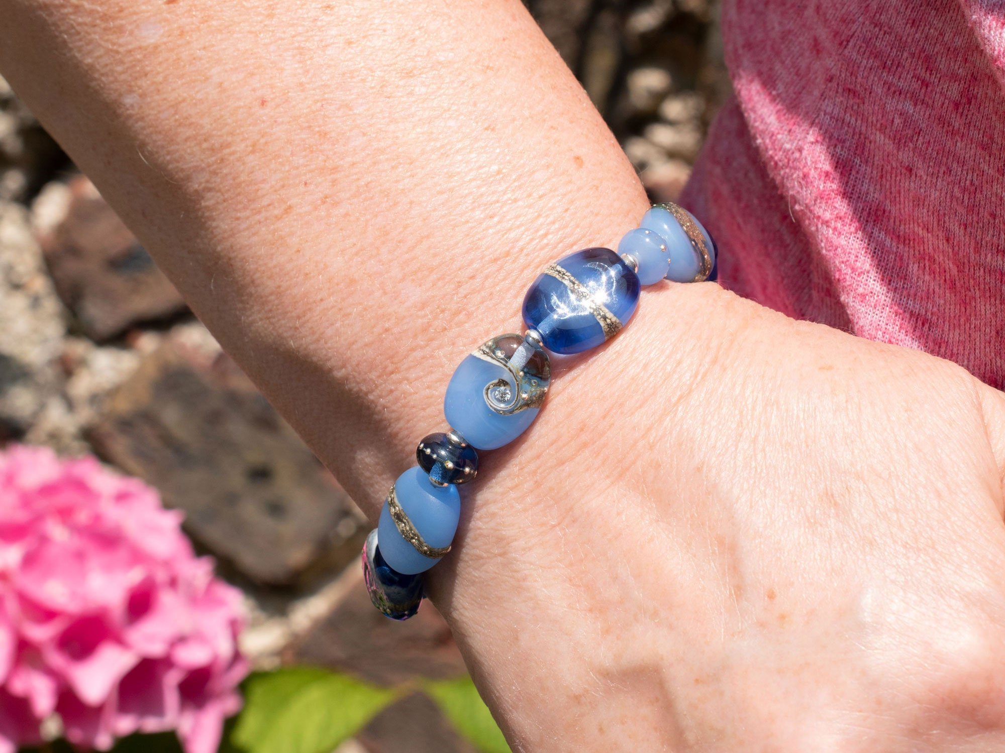 Blue Lampwork Bead Bracelet with cubic zirconia, sterling silver and magnetic clasp