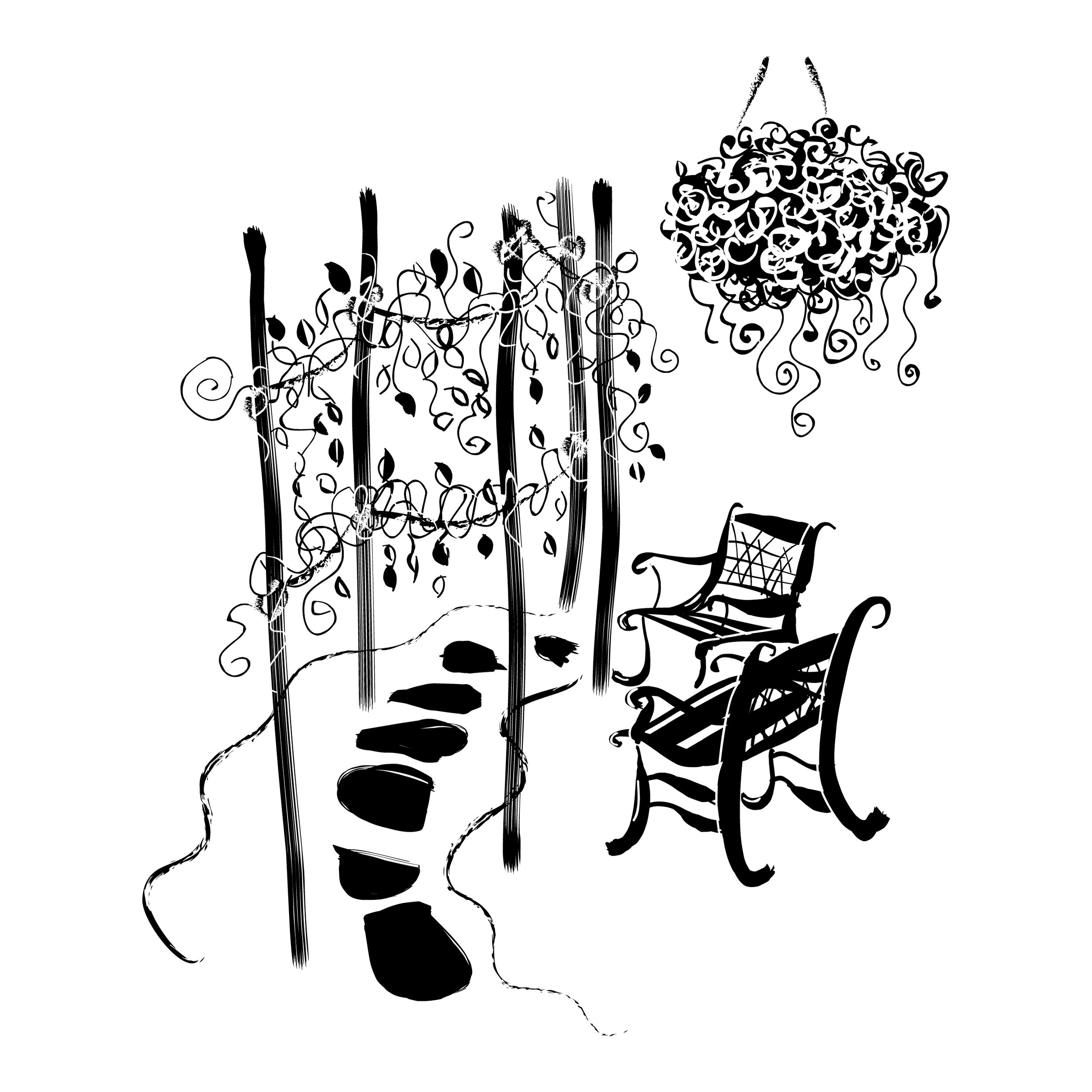 Line drawing of chairs along a rock pathway with hanging plant and trellis with vines