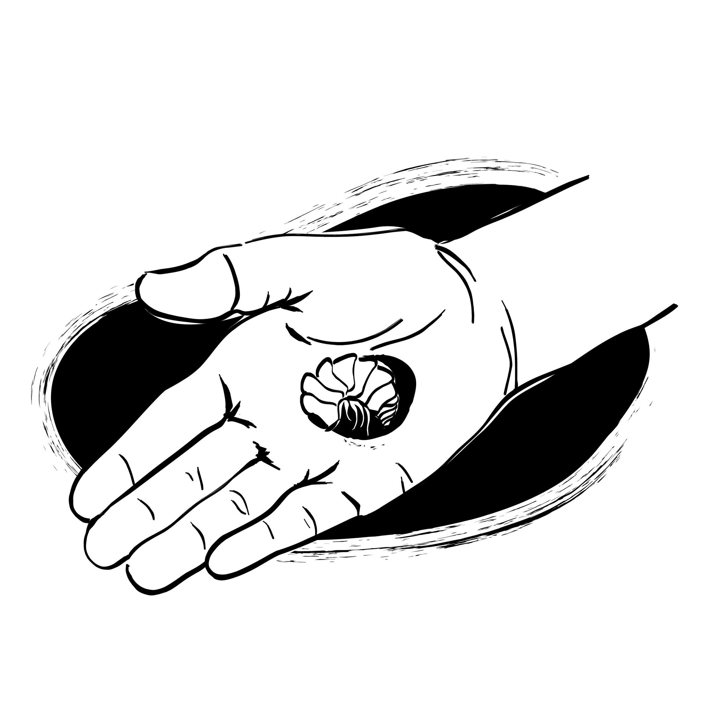 Line drawing of hand holding a curled up grubworm