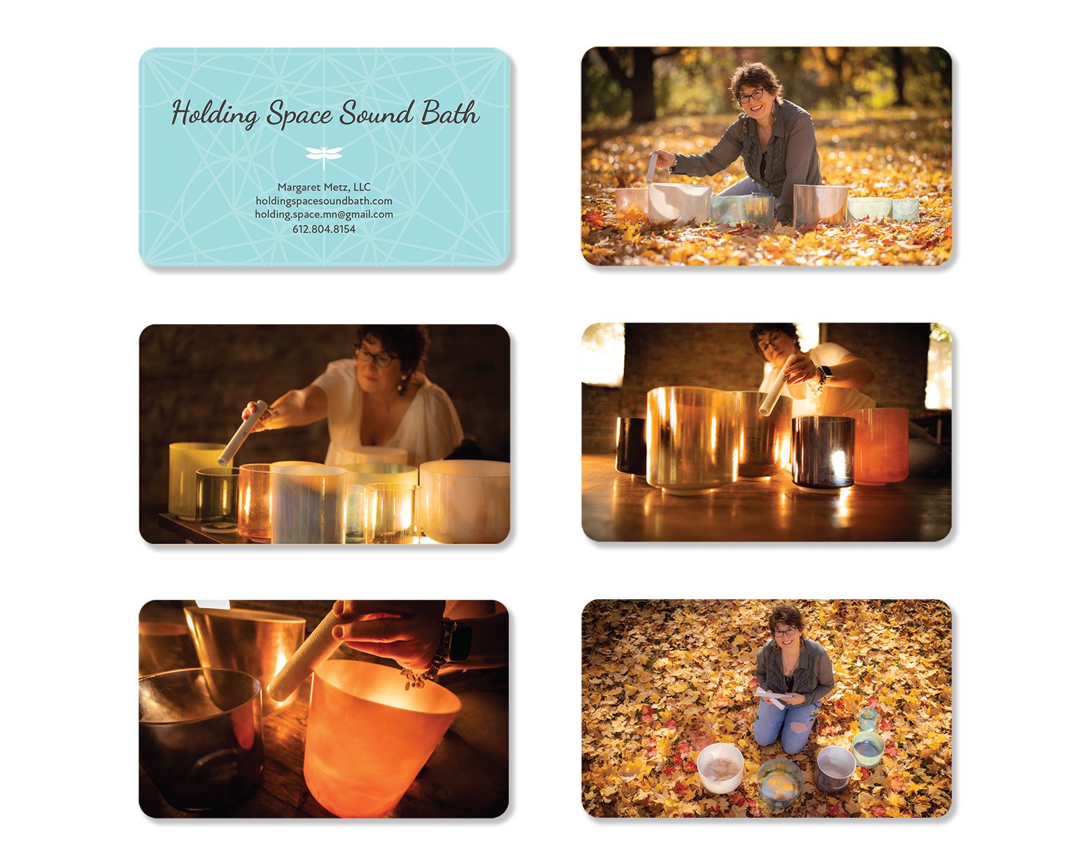 Holding Space Sound Bath Business Card Front with variations of photos on opposite side