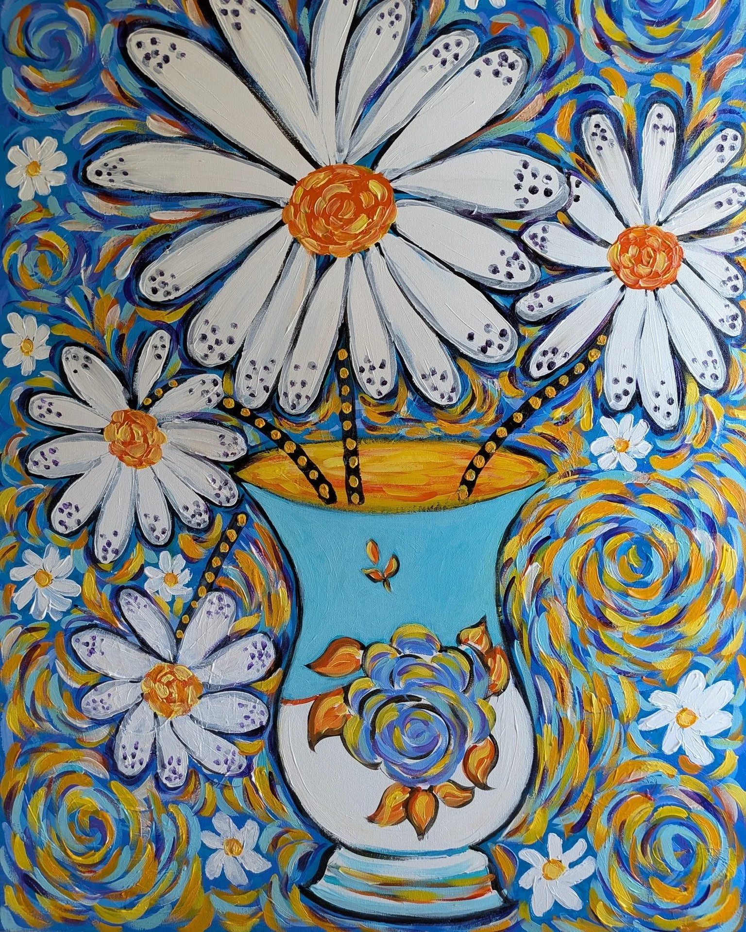 Work in Progress — Inspired by Yayoi Kusama 
Our Buffalo Art Guild’s October challenge is to create a piece inspired by the legendary Japanese artist Yayoi Kusama. I admire her fearless use of saturated color and whimsical forms, so this