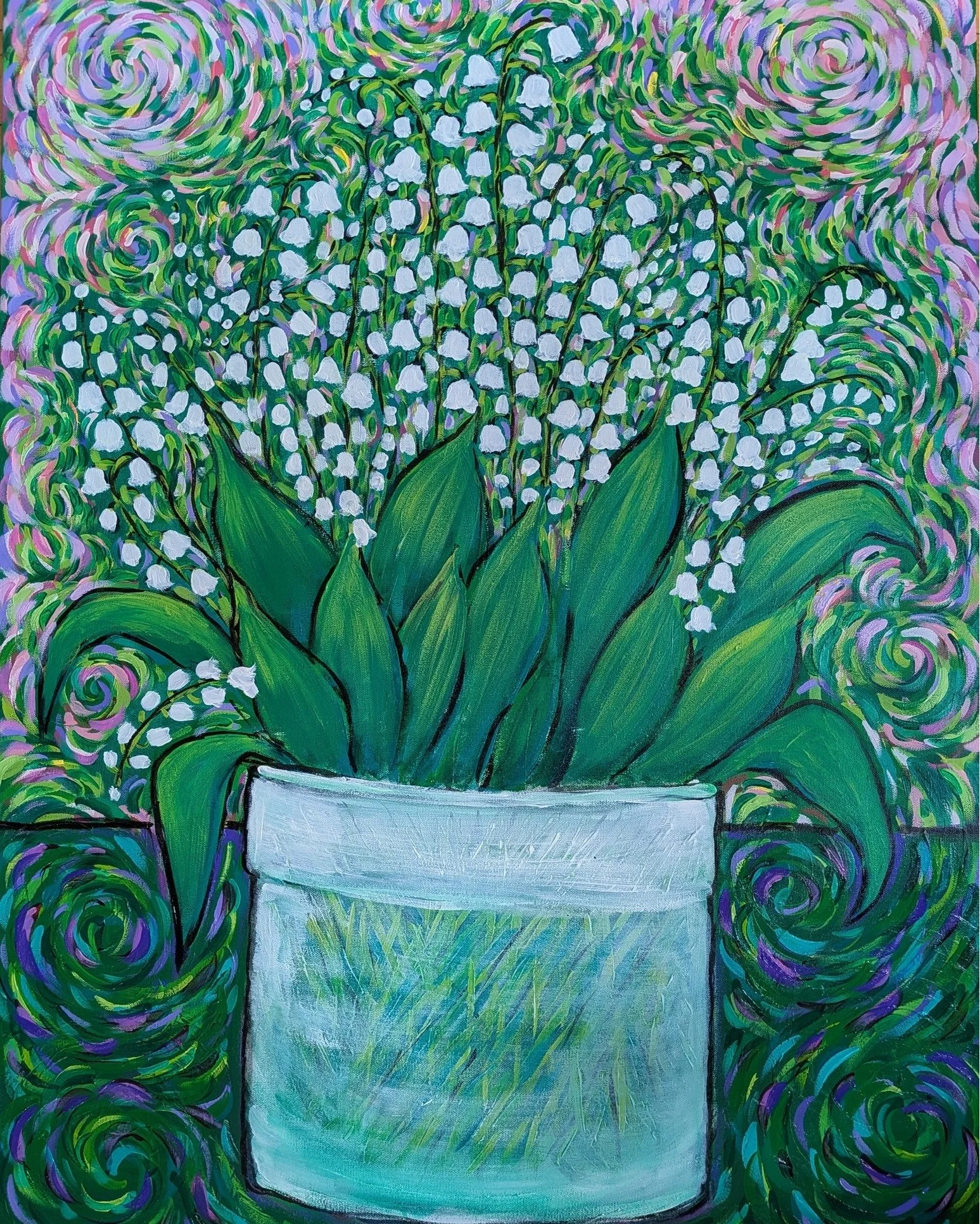 Joyful Muguet de Bois 
30"w x 40"h x 1.5"d | Acrylic on canvas
This piece is rooted in a sweet memory from the mid-60s—my mom’s Muguet de Bois splash, tucked in a green bottle on the edge of our pink-tiled bathroom. She&rs