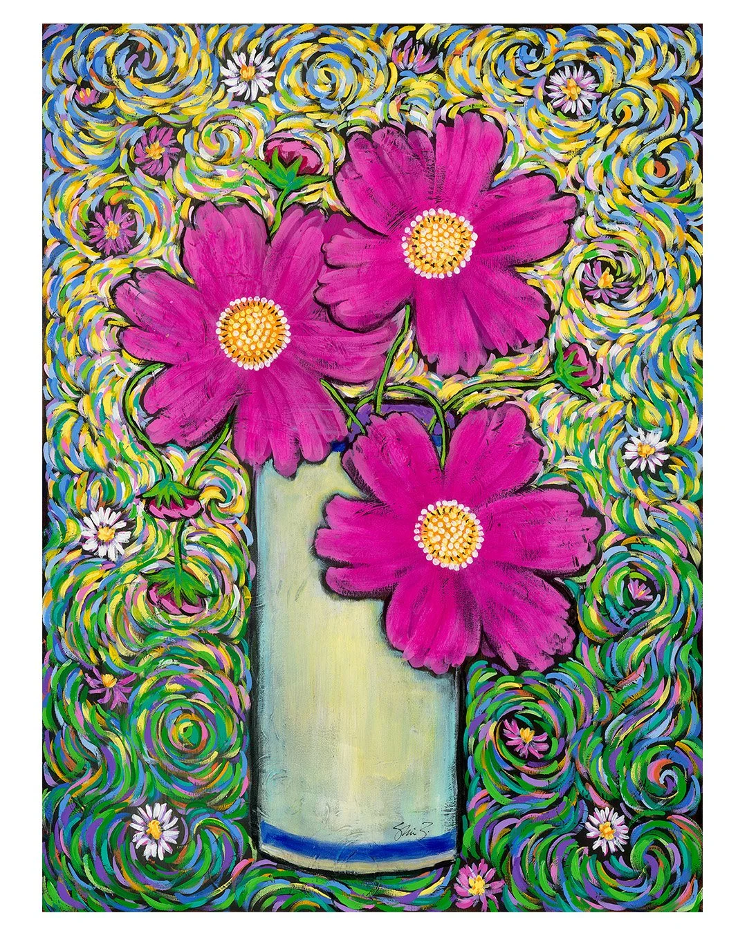 Joyful Cosmos (2025) 
30" x 40" | Acrylic on canvas

This piece began as pumpkins, but after a solid try, I decided I couldn't work with the idea, painted over them in black and started fresh. The original texture remains, adding depth with